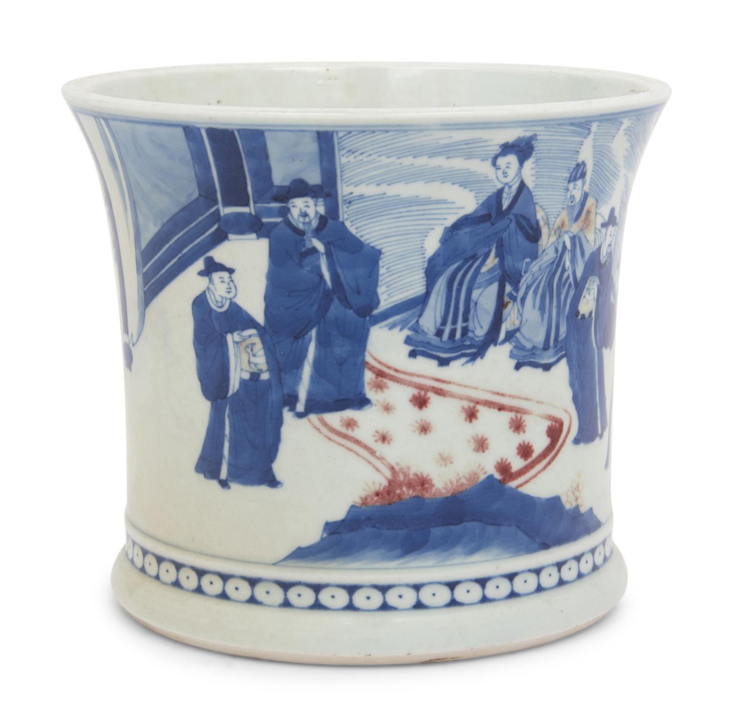 Two Chinese Underglaze Blue and Copper Red Porcelain Brushpots, Bitong