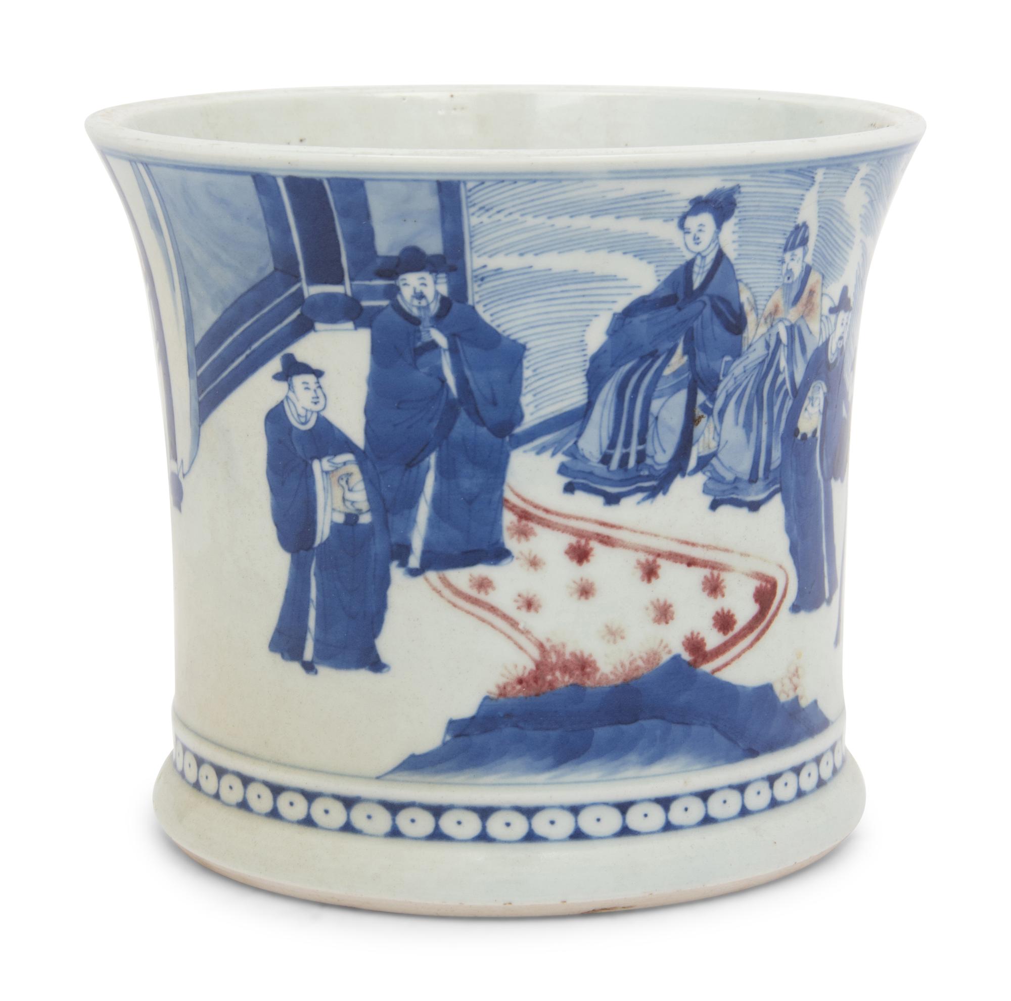 Two Chinese Underglaze Blue and Copper Red Porcelain Brushpots, Bitong
