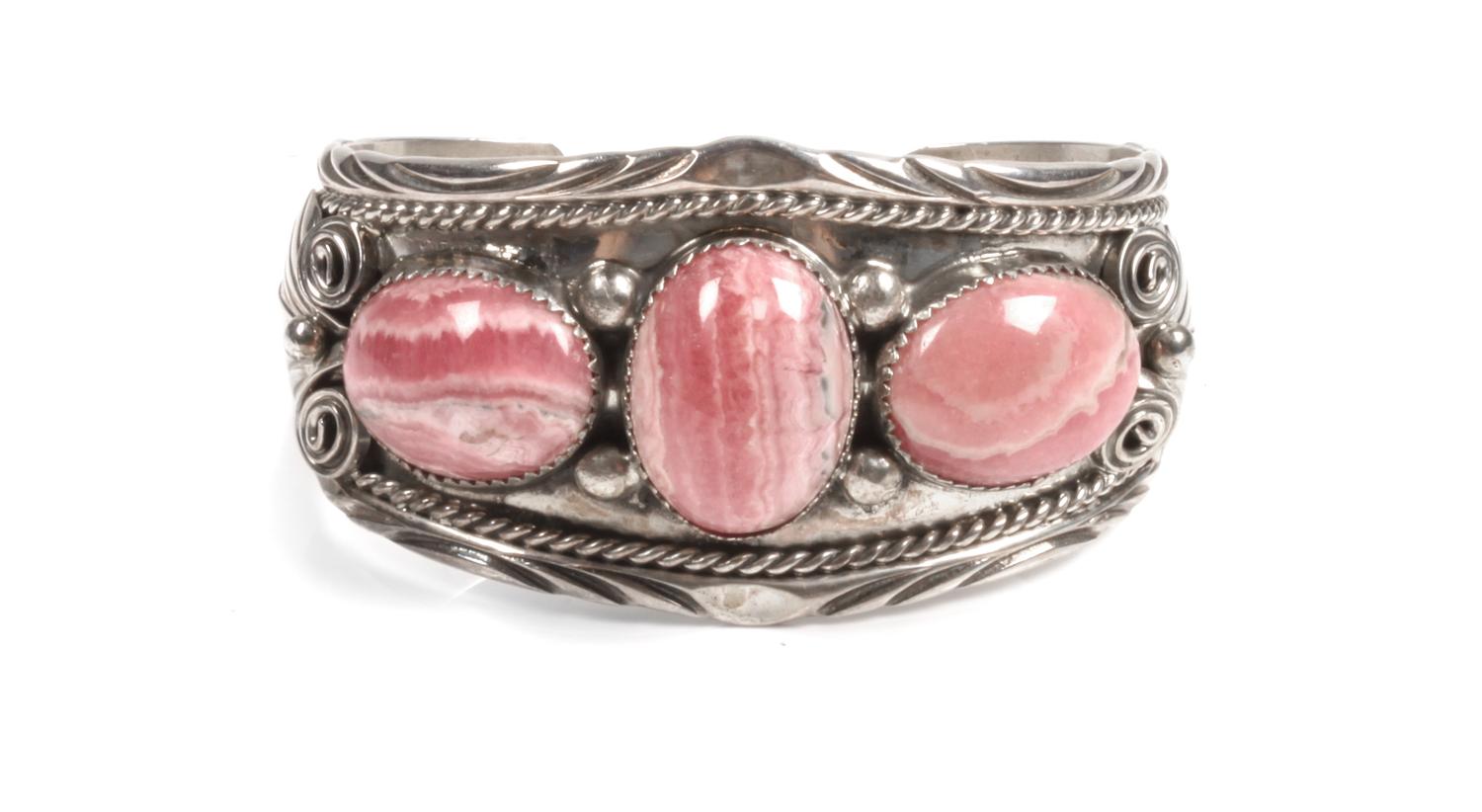 Southwest Style Silver and Rhodocrosite Cuff Bracelet Length 5 5/8 x opening 1 x width 1 3/8 inches