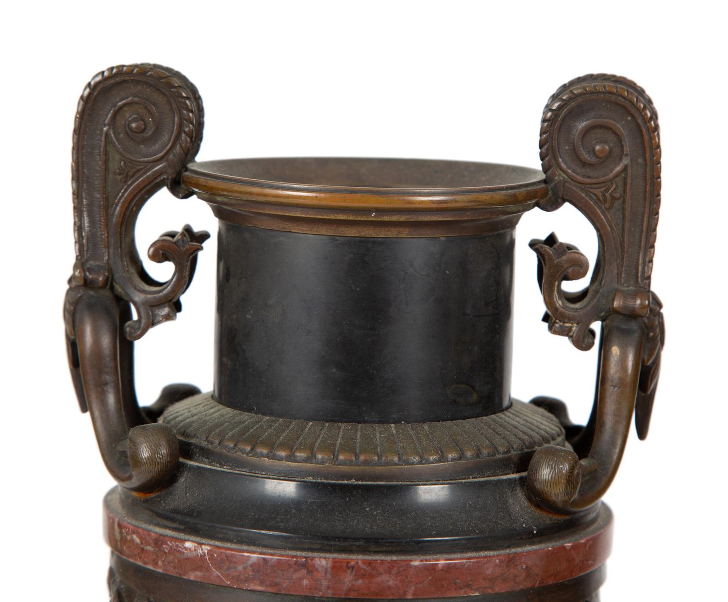 A Pair of Continental Bronze Urns with Rouge Marble Banding — 19TH/20TH CENTURY