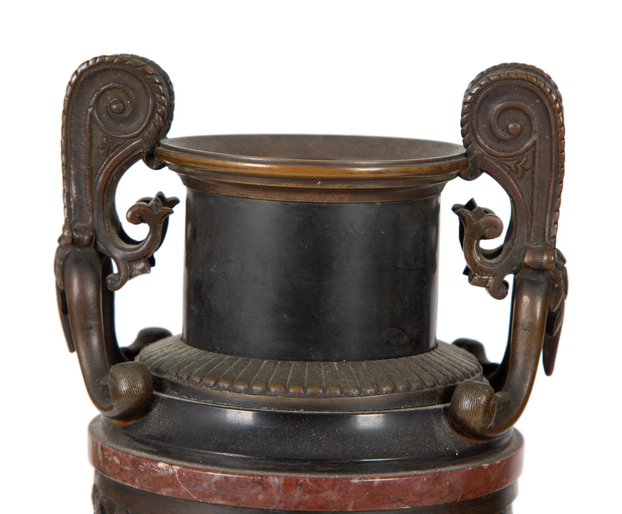 A Pair of Continental Bronze Urns with Rouge Marble Banding — 19TH/20TH CENTURY