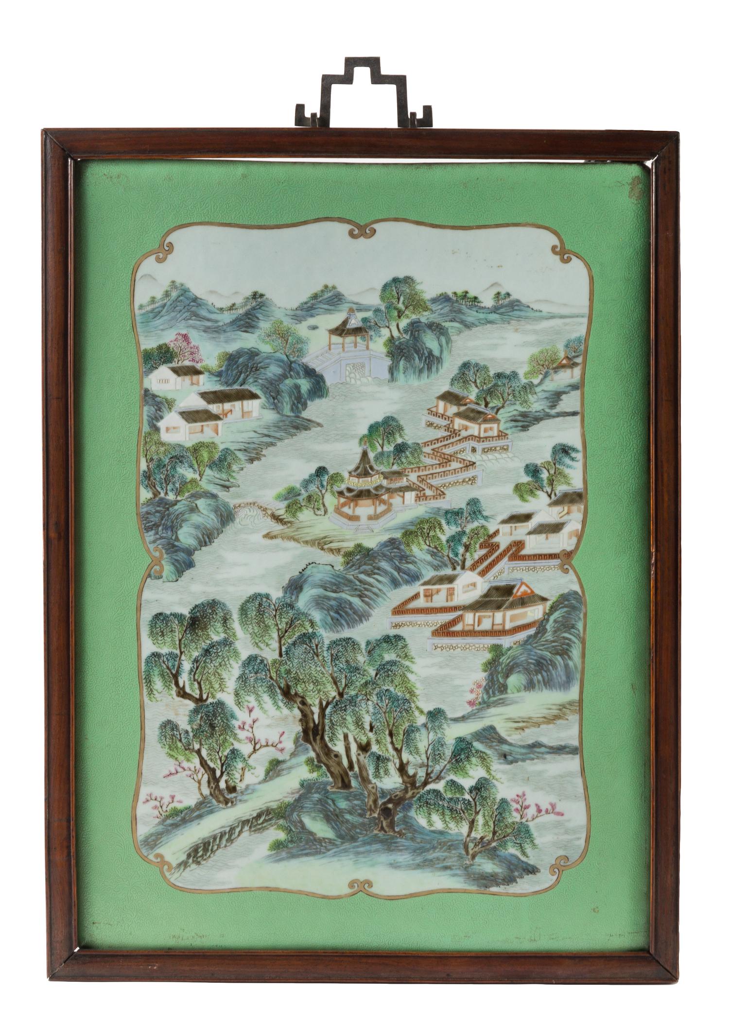 A Pair of Famille Rose Porcelain Plaques 20 3/4 x 15 inches. — QING DYNASTY