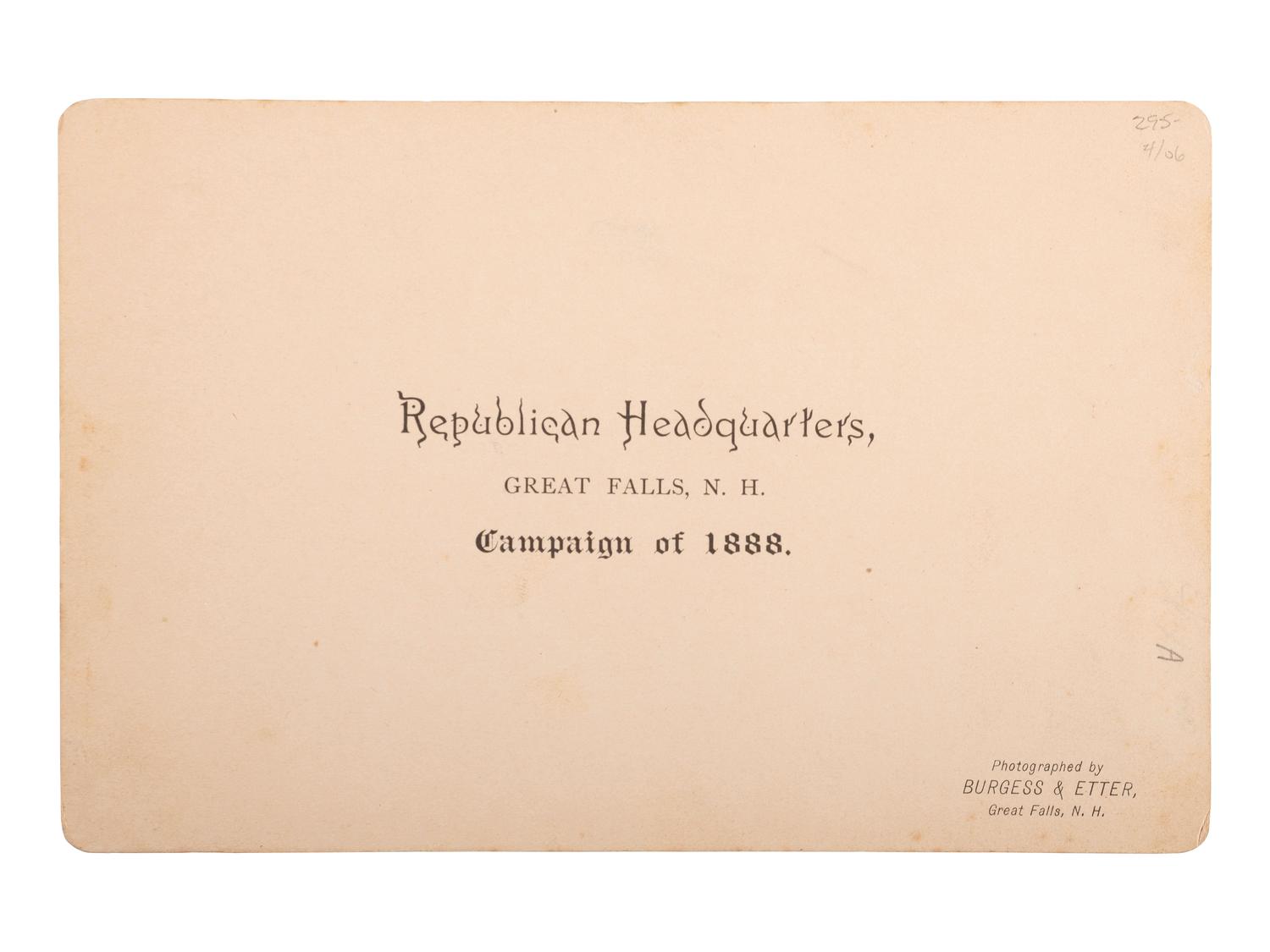 [HARRISON, Benjamin]. Albumen photographs showing Harrison and Morton campaign and Republican log cabins.