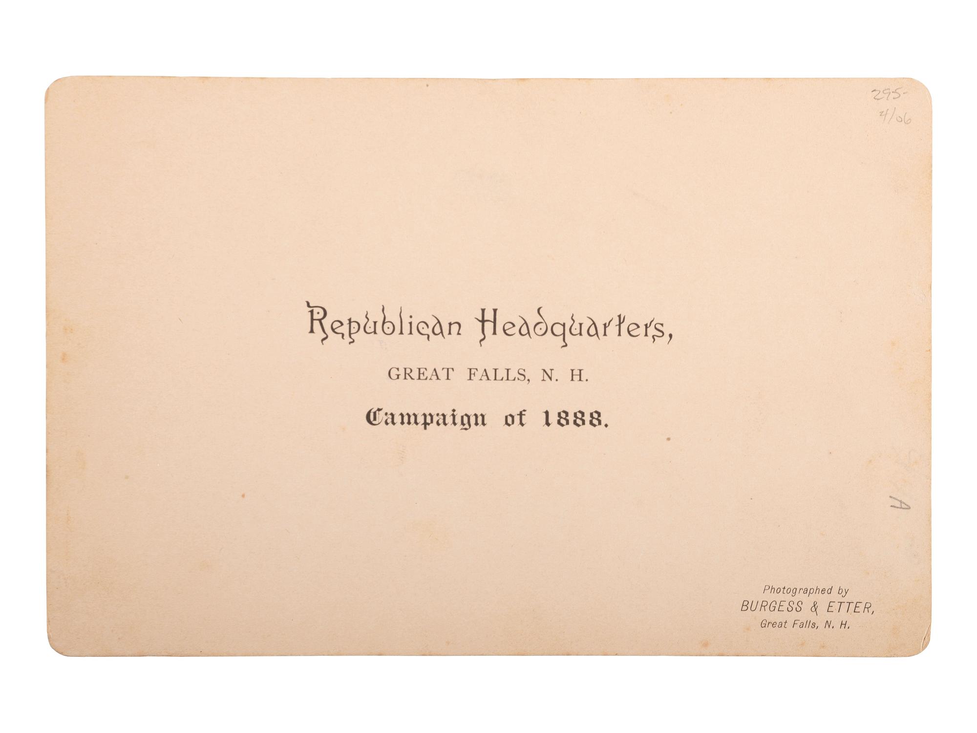 [HARRISON, Benjamin]. Albumen photographs showing Harrison and Morton campaign and Republican log cabins.