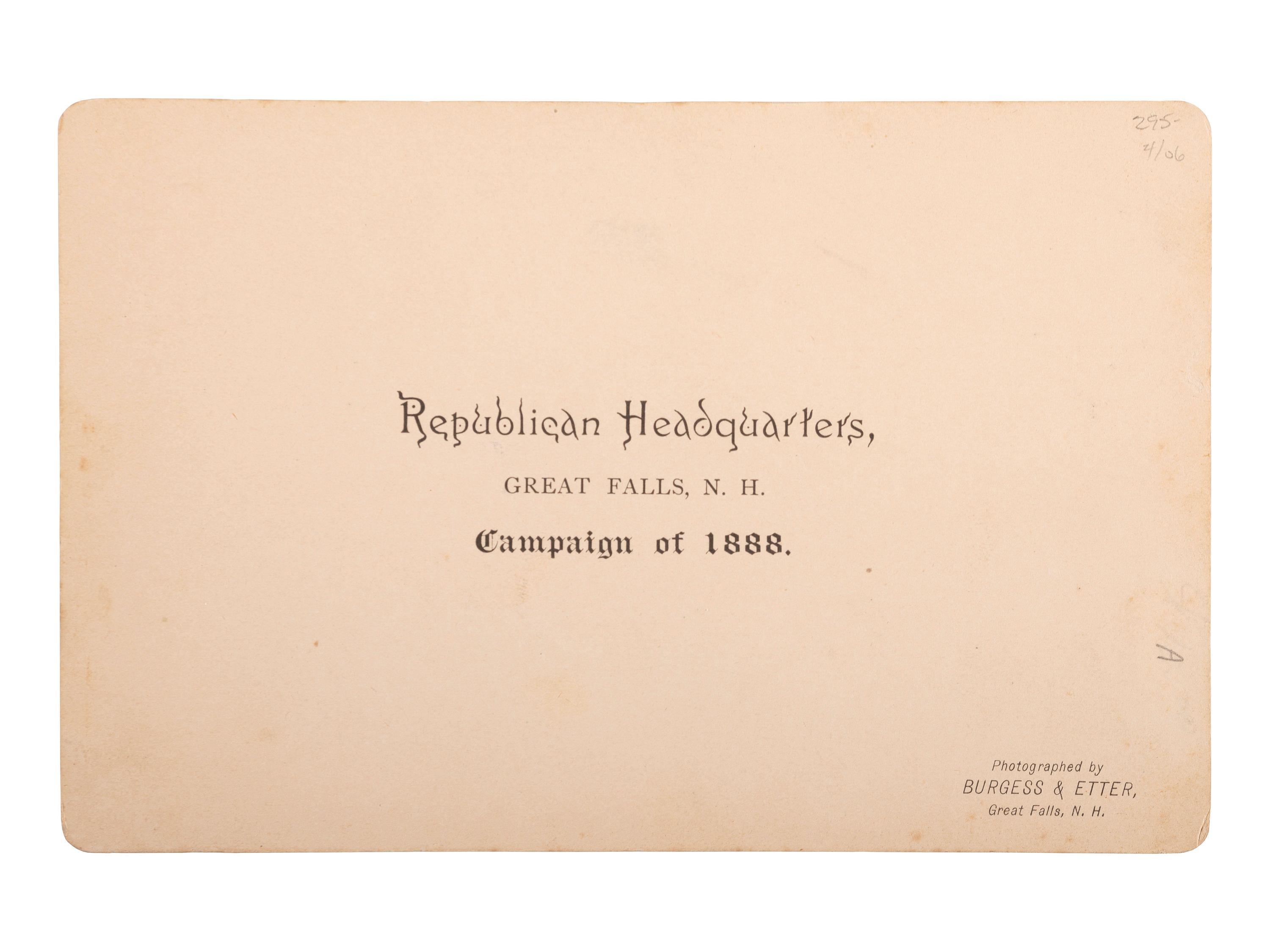 [HARRISON, Benjamin]. Albumen photographs showing Harrison and Morton campaign and Republican log cabins.