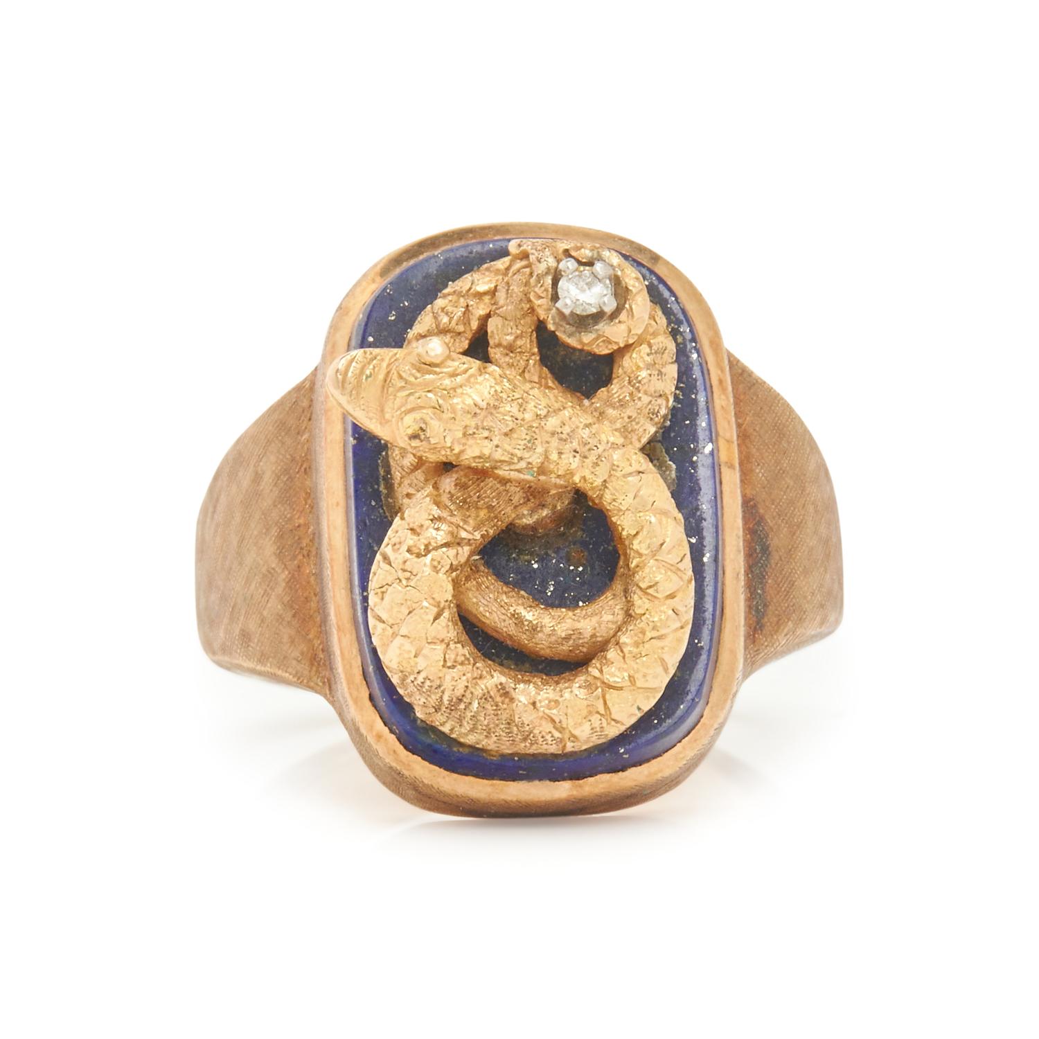 YELLOW GOLD, LAPIS LAZULI AND DIAMOND SNAKE RING