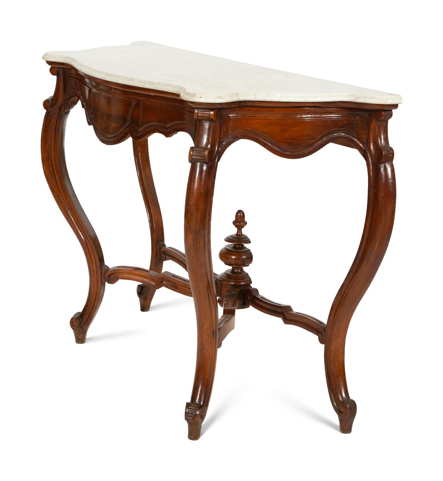 A Continental Walnut Marble-Top Console Table