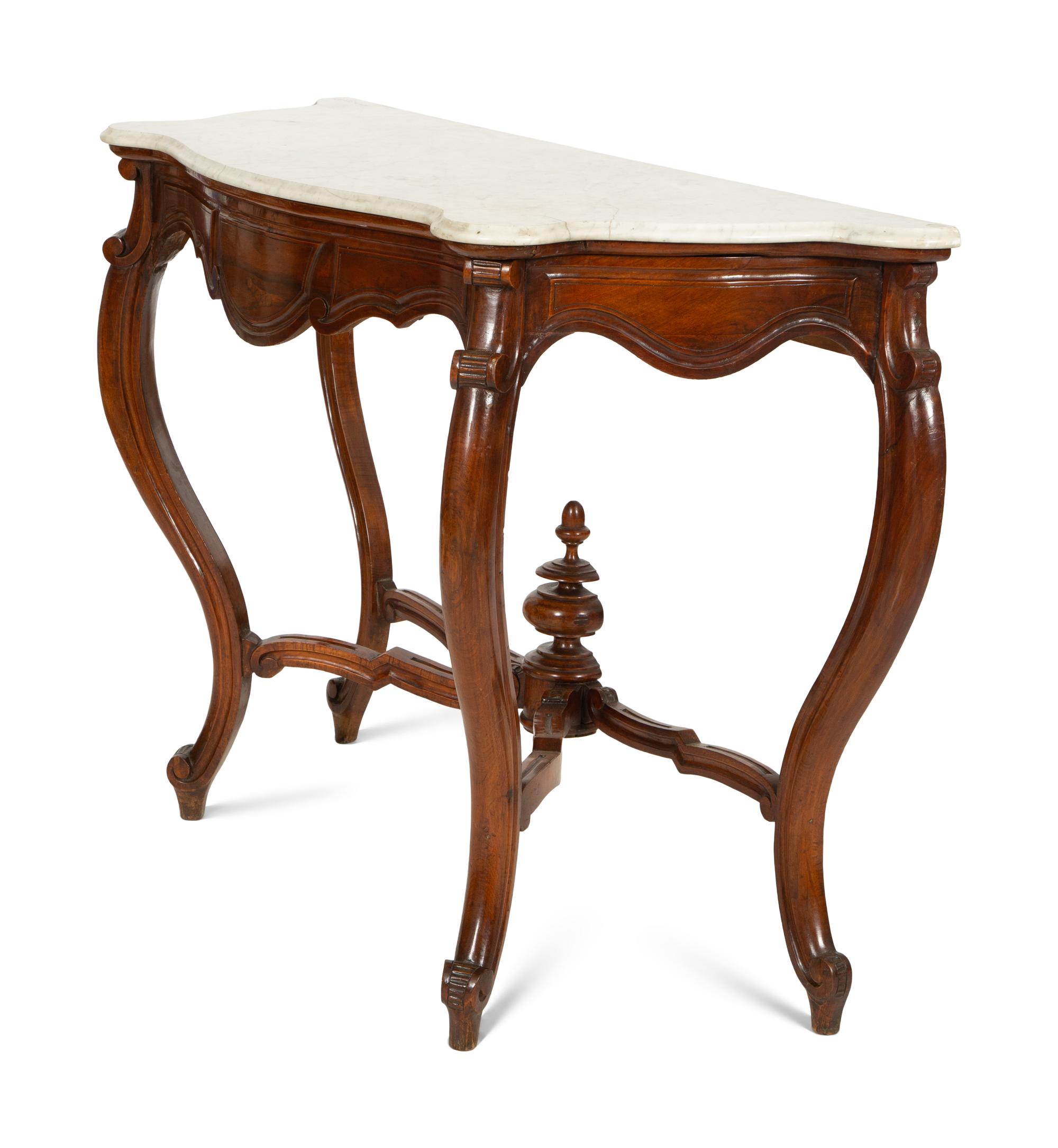 A Continental Walnut Marble-Top Console Table
