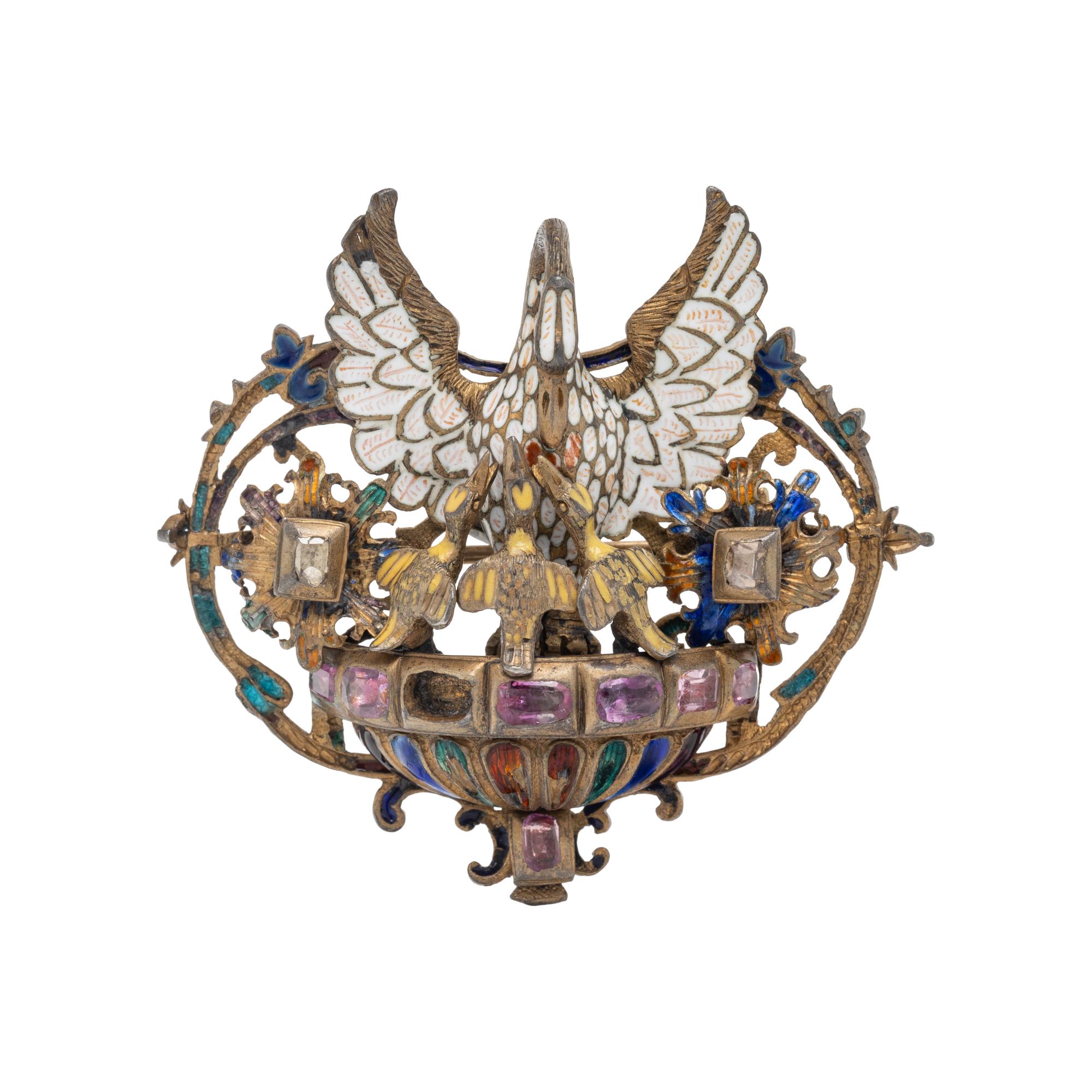 RENAISSANCE STYLE, SILVER-GILT, ENAMEL AND MULTIGEM 'PELICAN IN HER PIETY' BROOCH