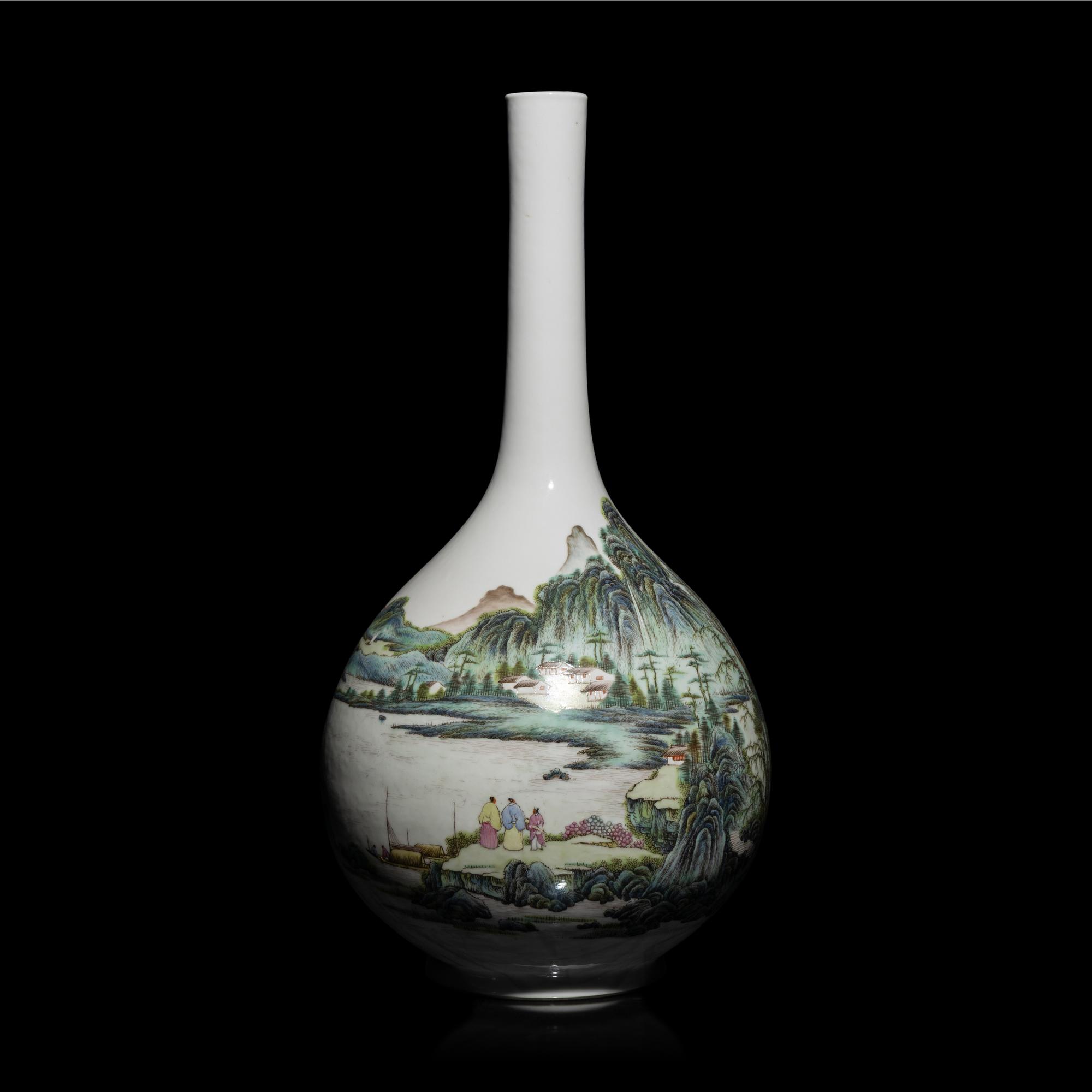 A Chinese Famille Rose 'Landscape' Porcelain Vase, Republic Period/20th Century — 民國/近代 粉彩山水詩文長頸瓶