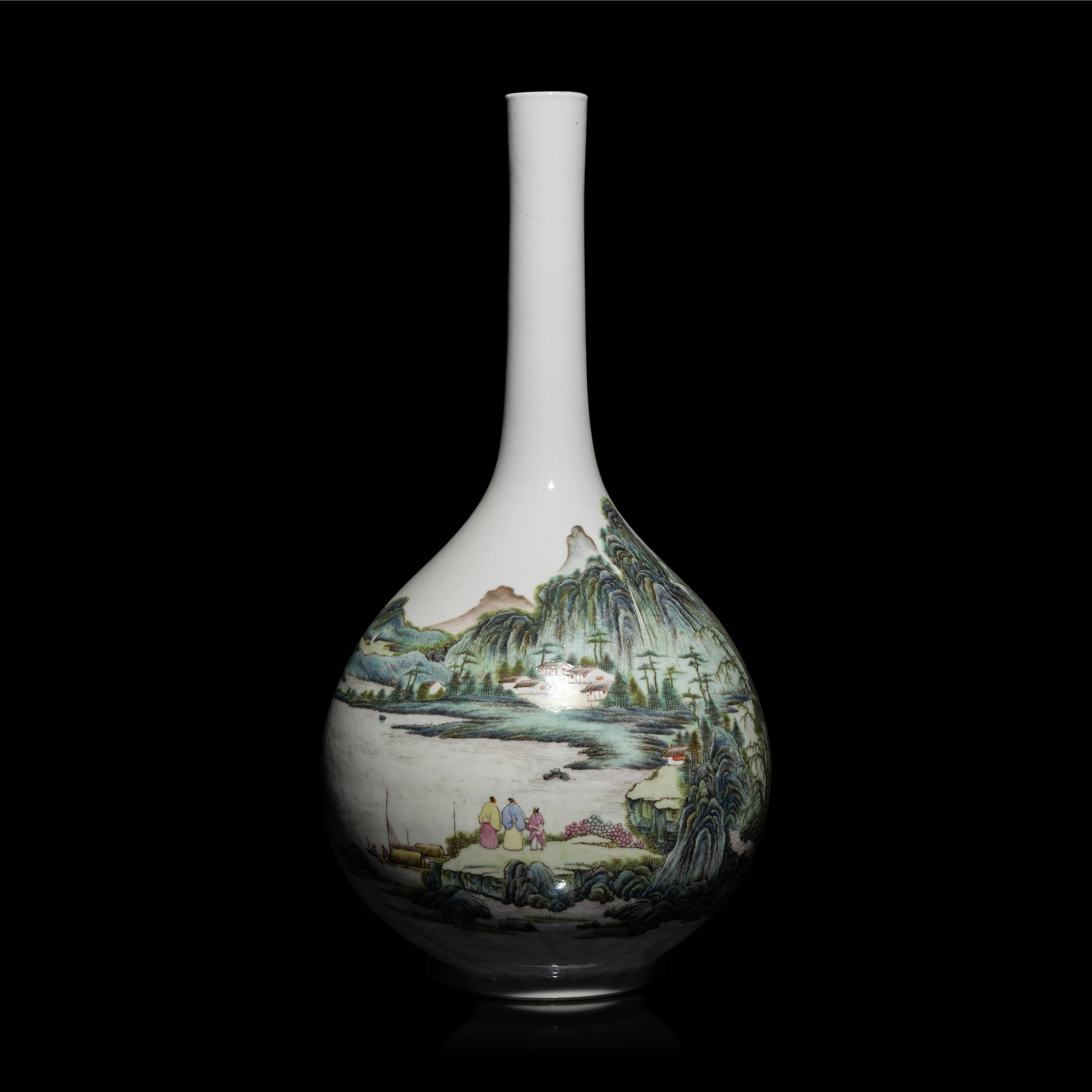 A Chinese Famille Rose 'Landscape' Porcelain Vase, Republic Period/20th Century — 民國/近代 粉彩山水詩文長頸瓶