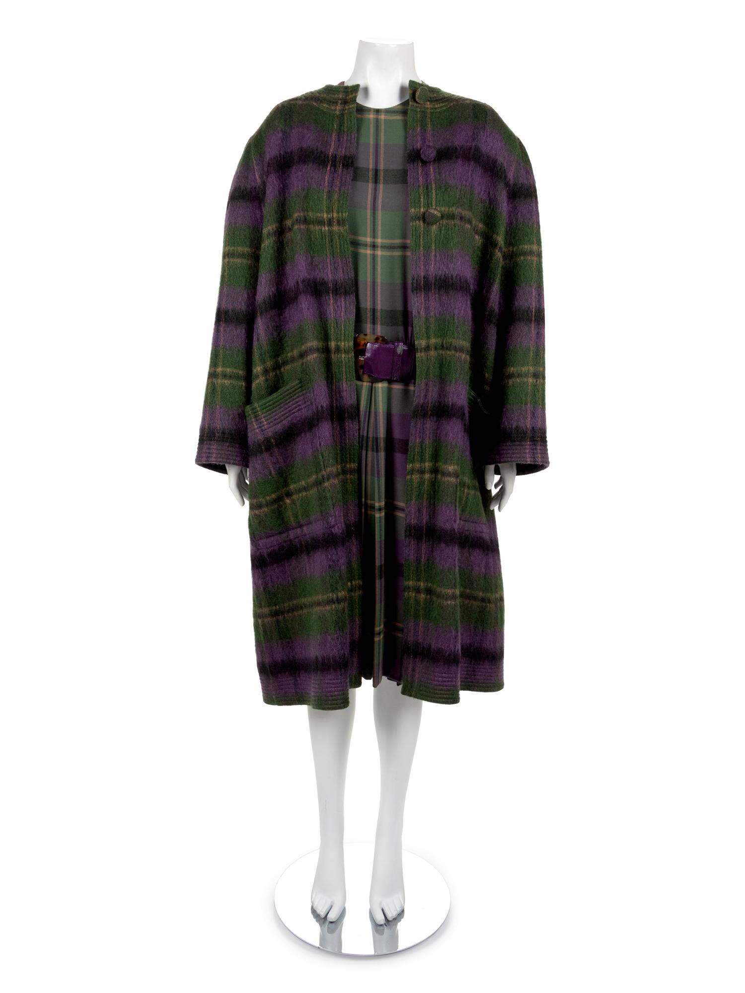 Adele Simpson Purple Tartan Wool Coat, Dress, Belt, Scarf, 1980s