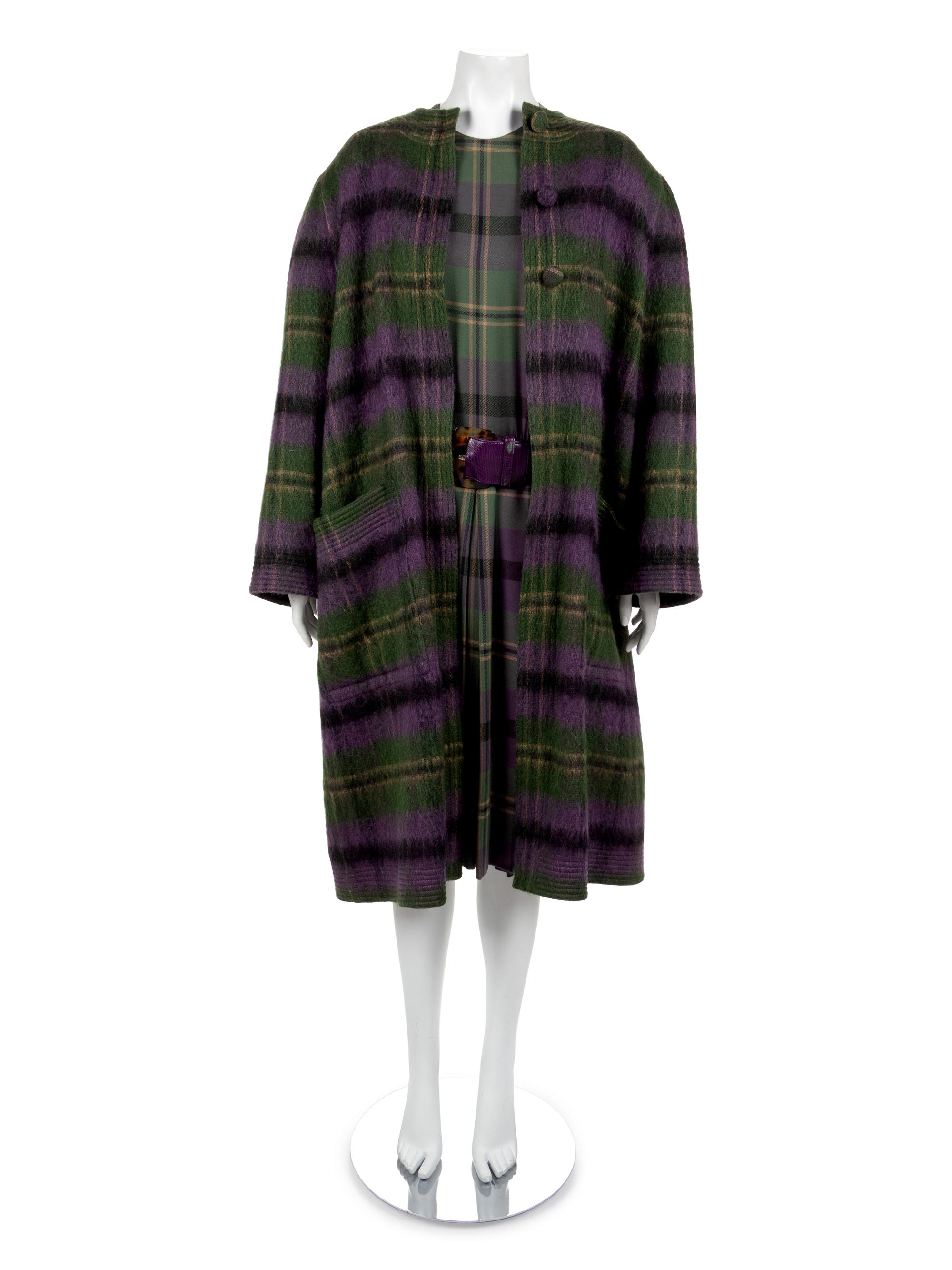 Adele Simpson Purple Tartan Wool Coat, Dress, Belt, Scarf, 1980s