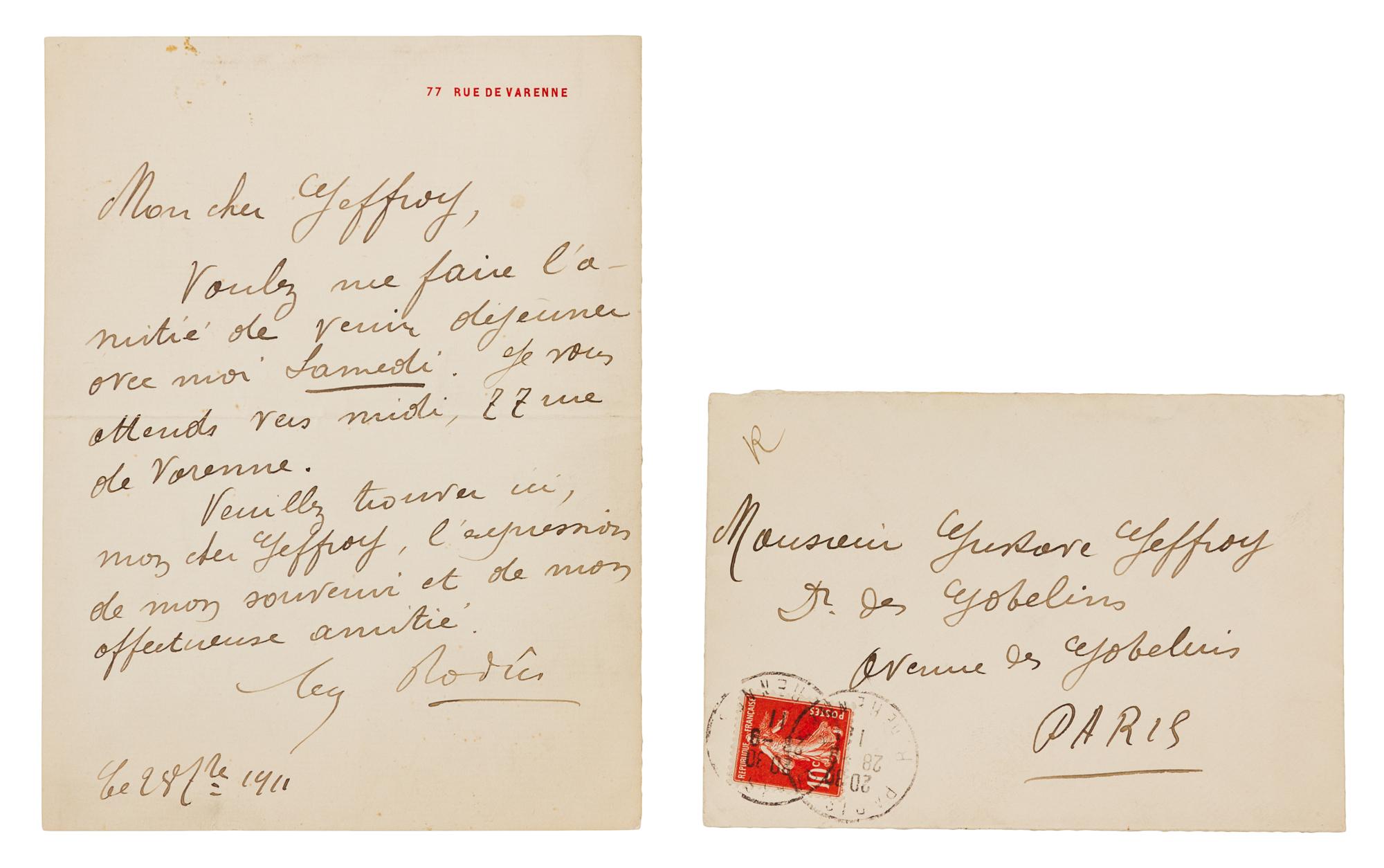 RODIN, Auguste (1840-1917). Autograph letter signed ("Rodin"), in French, to Gustave Geffroy. Paris, 28 September 1911.