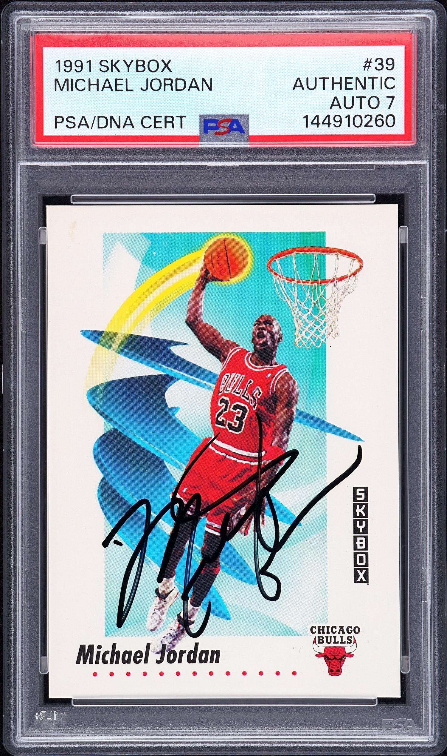 A 1991 Skybox Michael Jordan Signed Autograph Basketball Card No. 39 (PSA 7 AUTO) — Autograph obtained from Jordan by Make-A-Wish child in 1992 at Chicago Stadium
