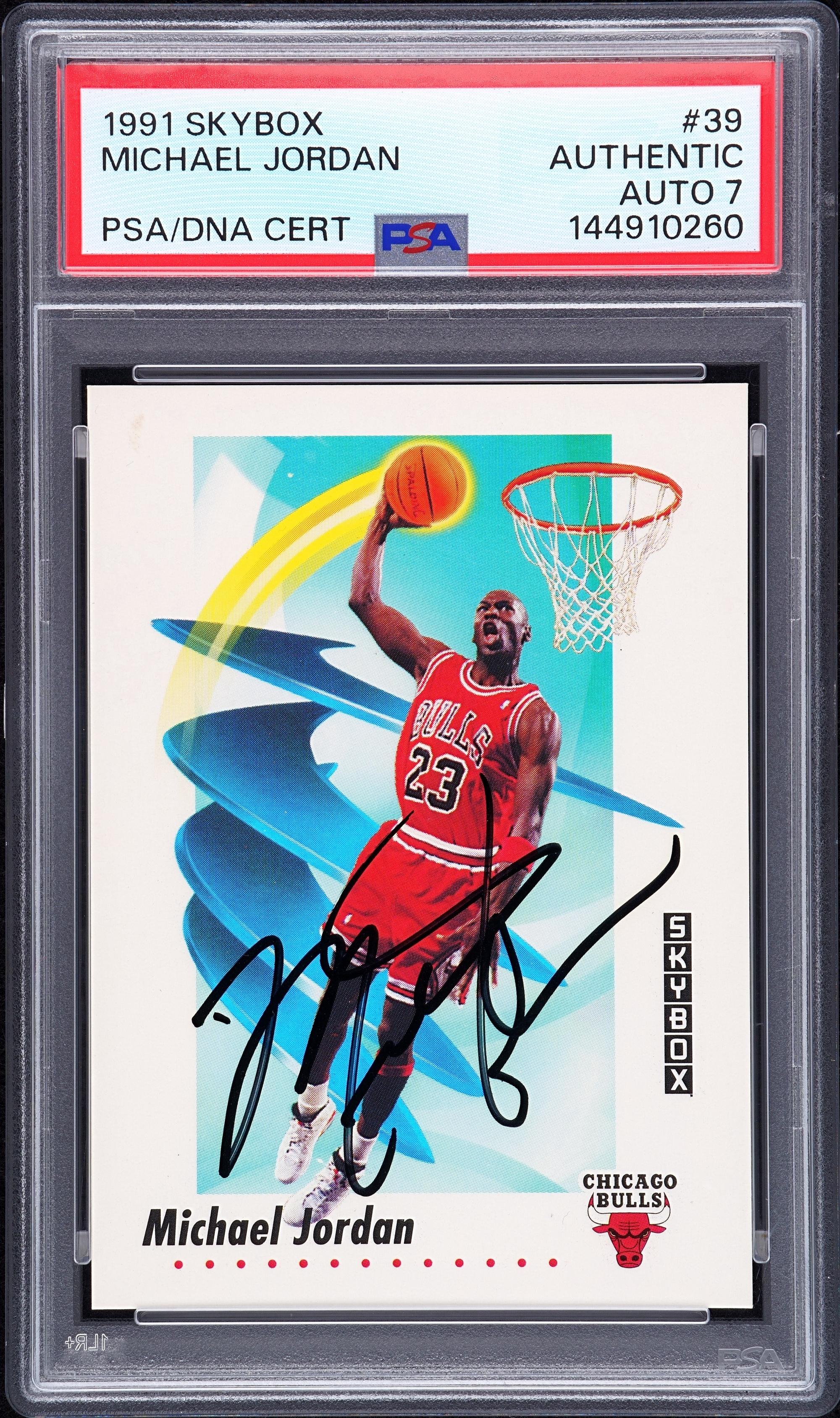 A 1991 Skybox Michael Jordan Signed Autograph Basketball Card No. 39 (PSA 7 AUTO) — Autograph obtained from Jordan by Make-A-Wish child in 1992 at Chicago Stadium