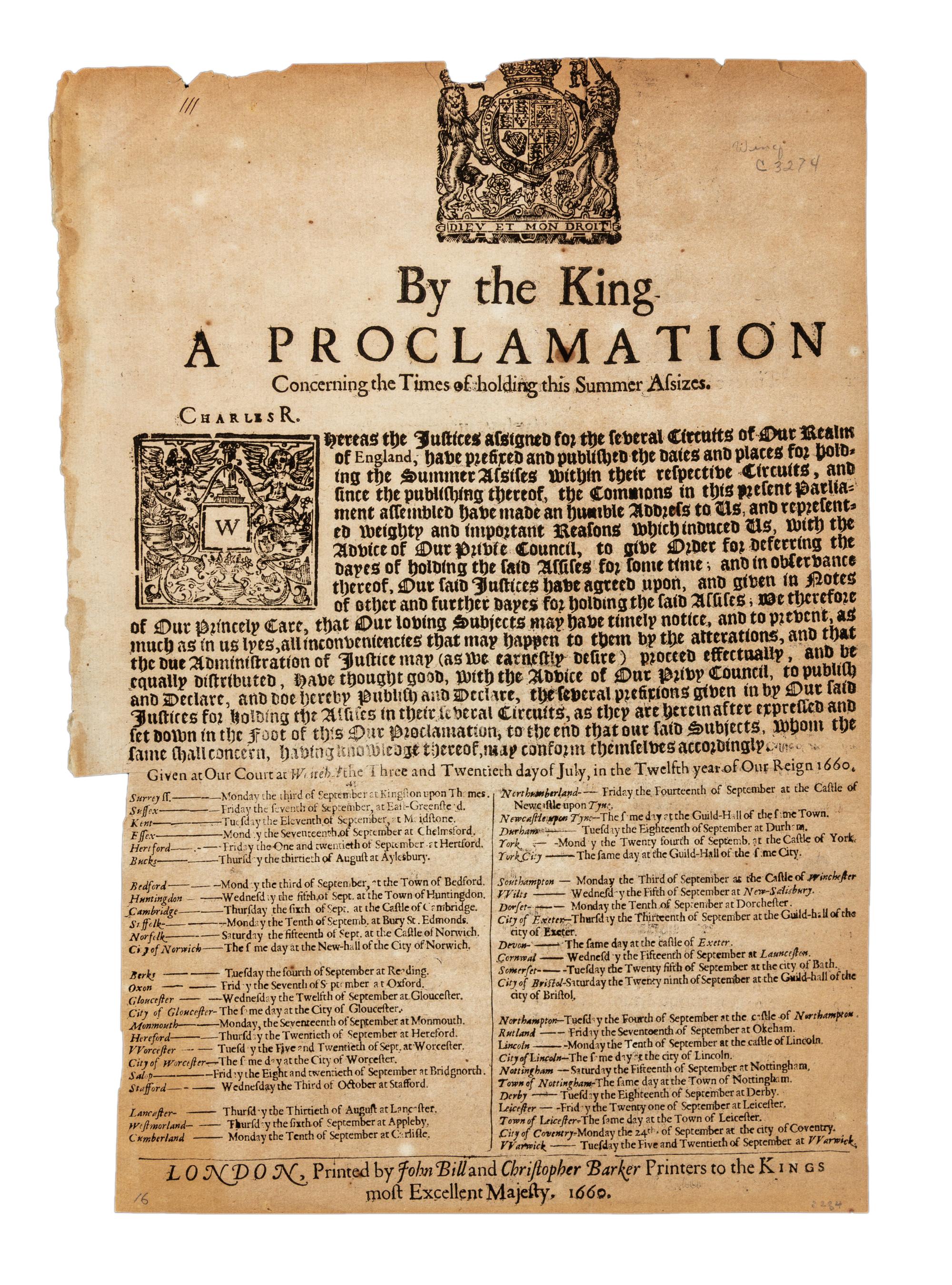 [BARKER, Christopher]. By the King a Proclamation Concerning the Times of holding this Summer Assizes. London: John Bill and Christopher Barker, 1660.