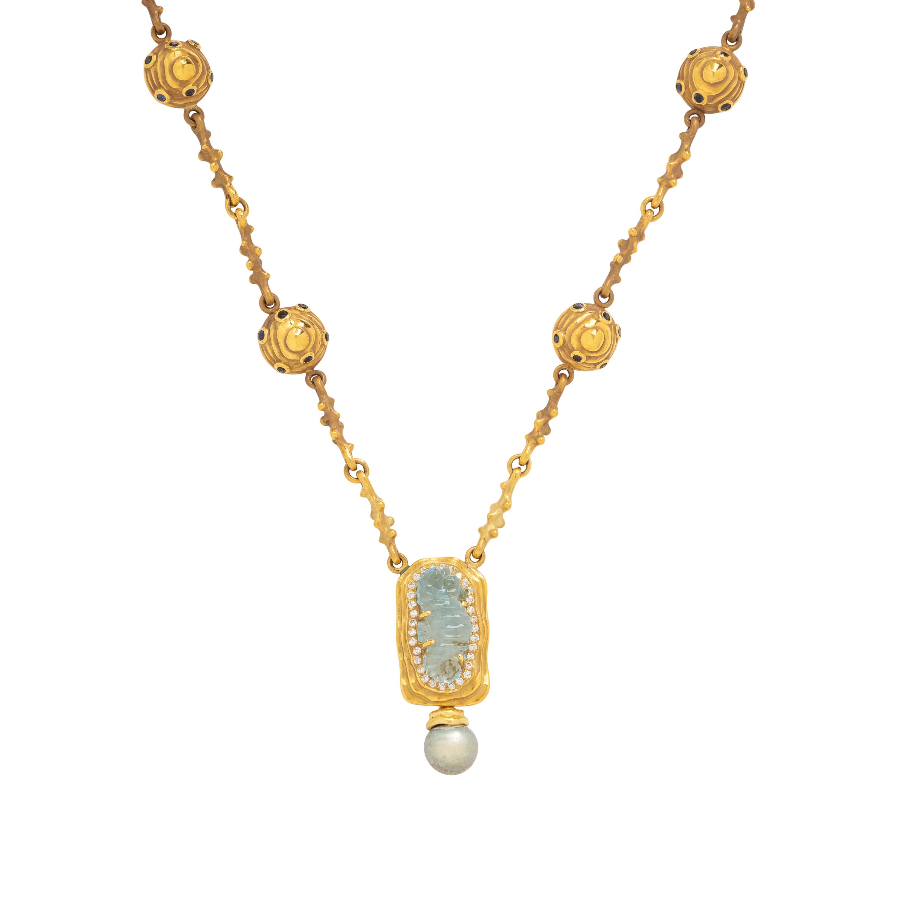 Aquamarine, Sapphire, Cultured Pearl, and Yellow Gold Necklace