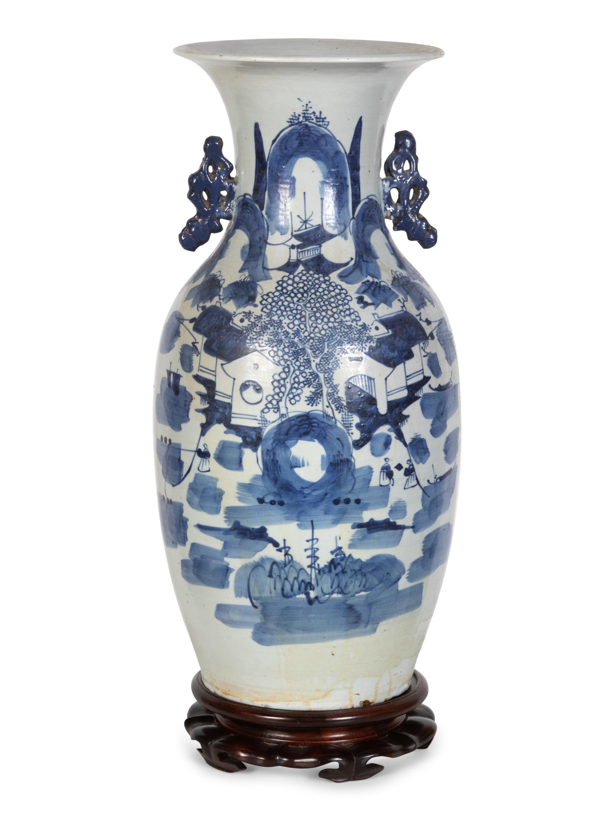 A Chinese Blue and White Porcelain Handled Vase