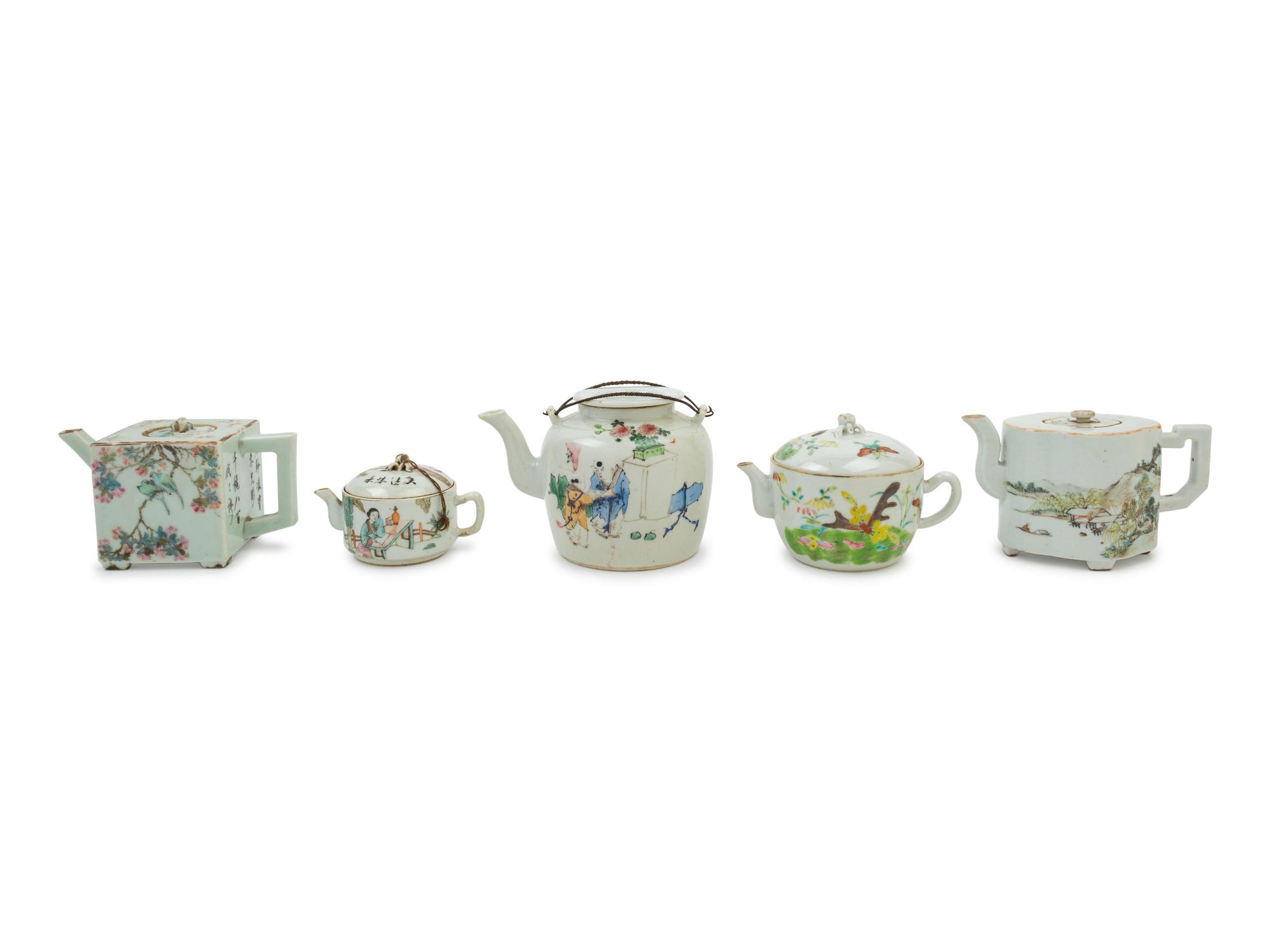 Five Chinese Famille Rose Porcelain Teapots