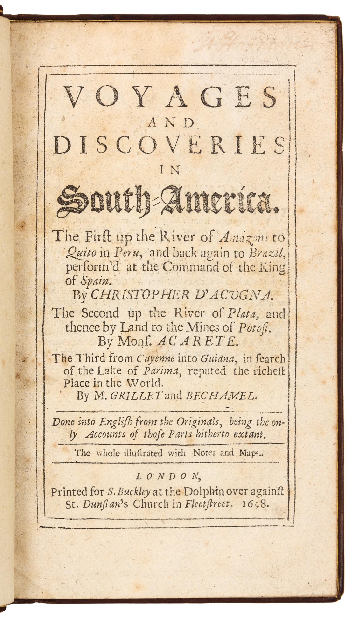 ACUÑA, Cristóbal de (1597-1676?). Voyages and Discoveries in South-America. London, 1698. FIRST EDITION IN ENGLISH.
