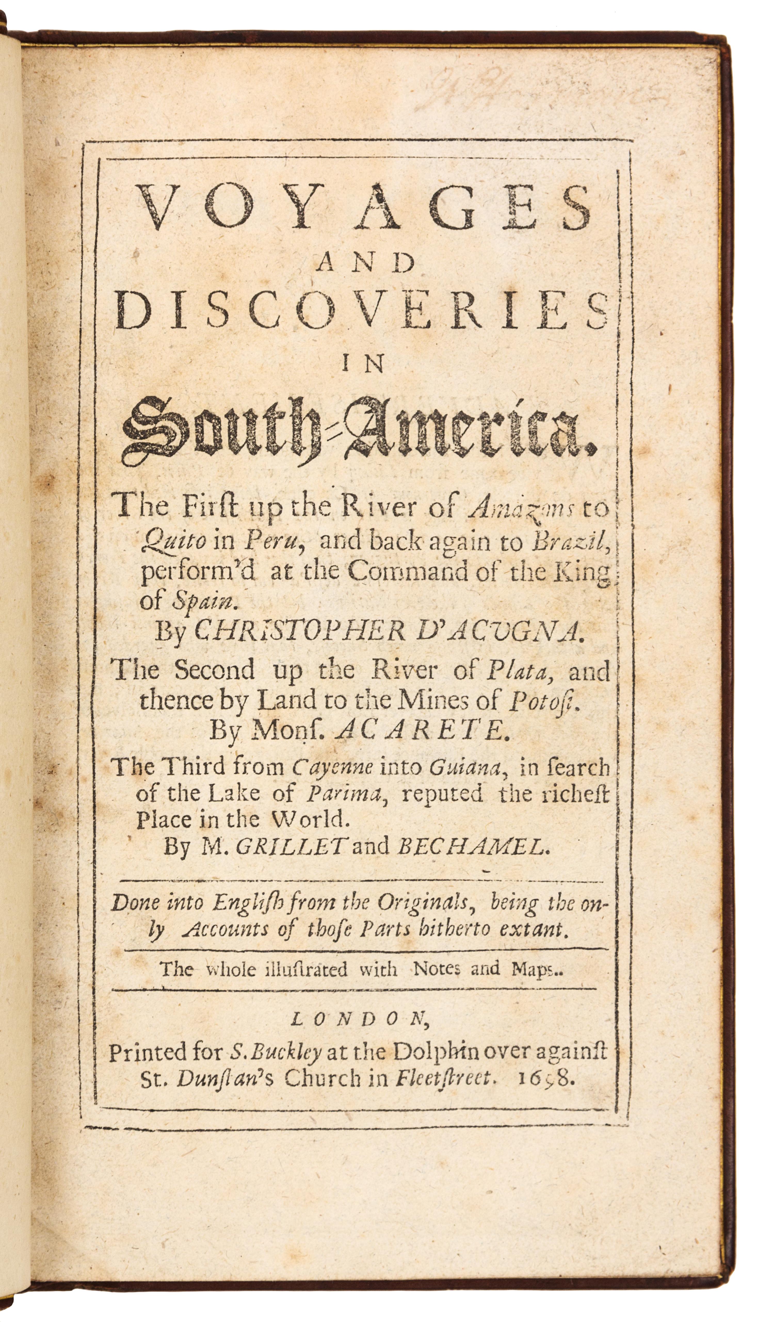 ACUÑA, Cristóbal de (1597-1676?). Voyages and Discoveries in South-America. London, 1698. FIRST EDITION IN ENGLISH.