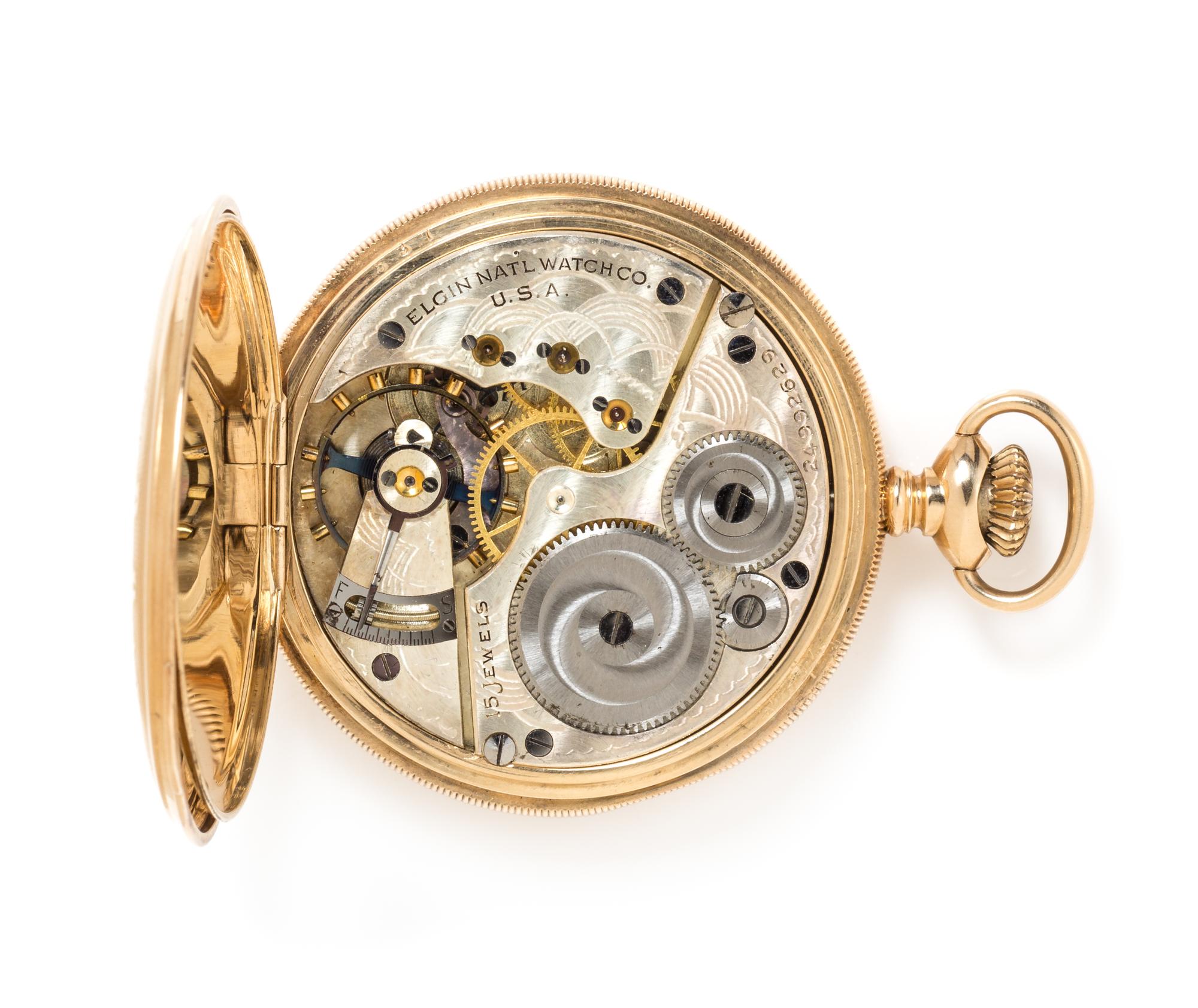 A 14 Karat Yellow Gold Hunter Case Pocket Watch, Elgin, Circa 1922, 57.60 dwts.