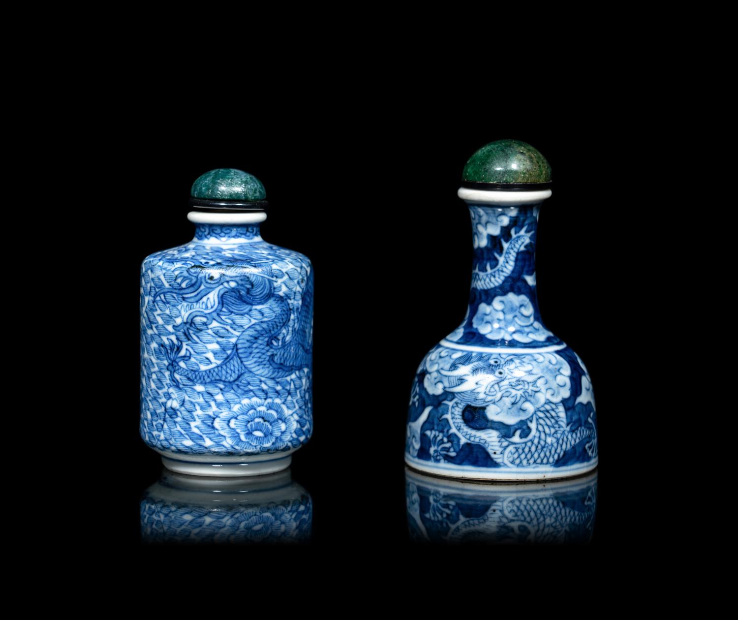 Two Chinese Blue and White Porcelain 'Dragon' Snuff Bottles