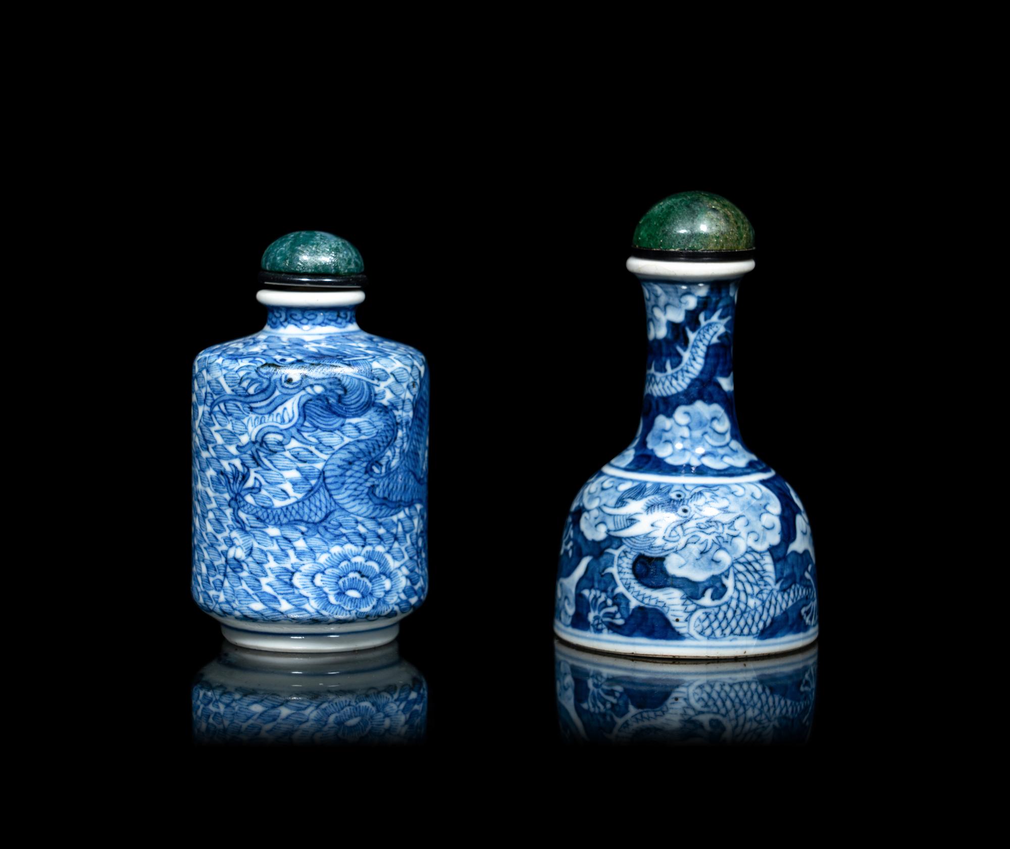 Two Chinese Blue and White Porcelain 'Dragon' Snuff Bottles