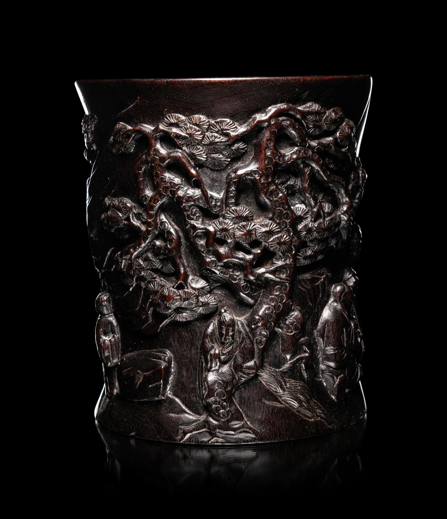 Two Chinese Carved Hardwood Brushpots, Bitong