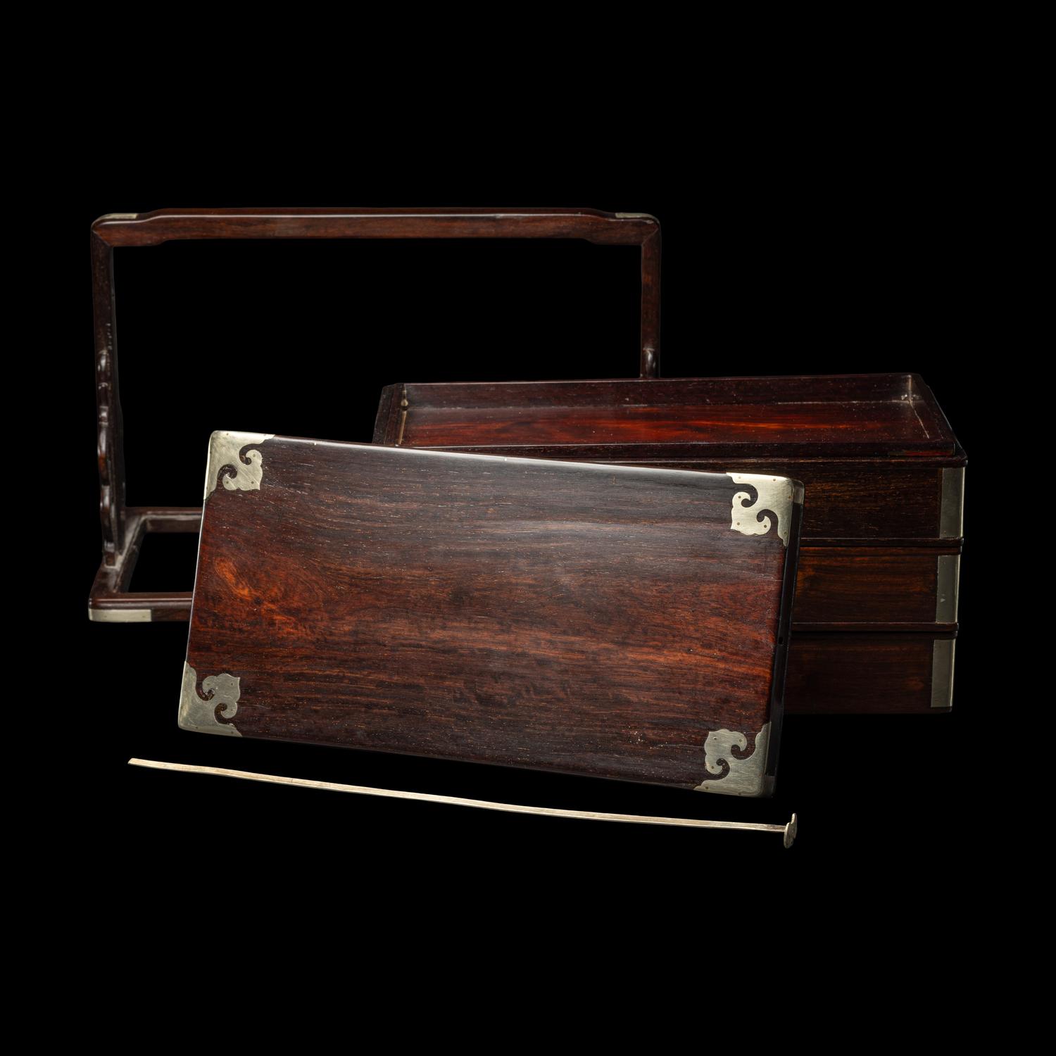 A Chinese Zitan Three-Tier Picnic Box, Tihe 紫檀三撞提盒