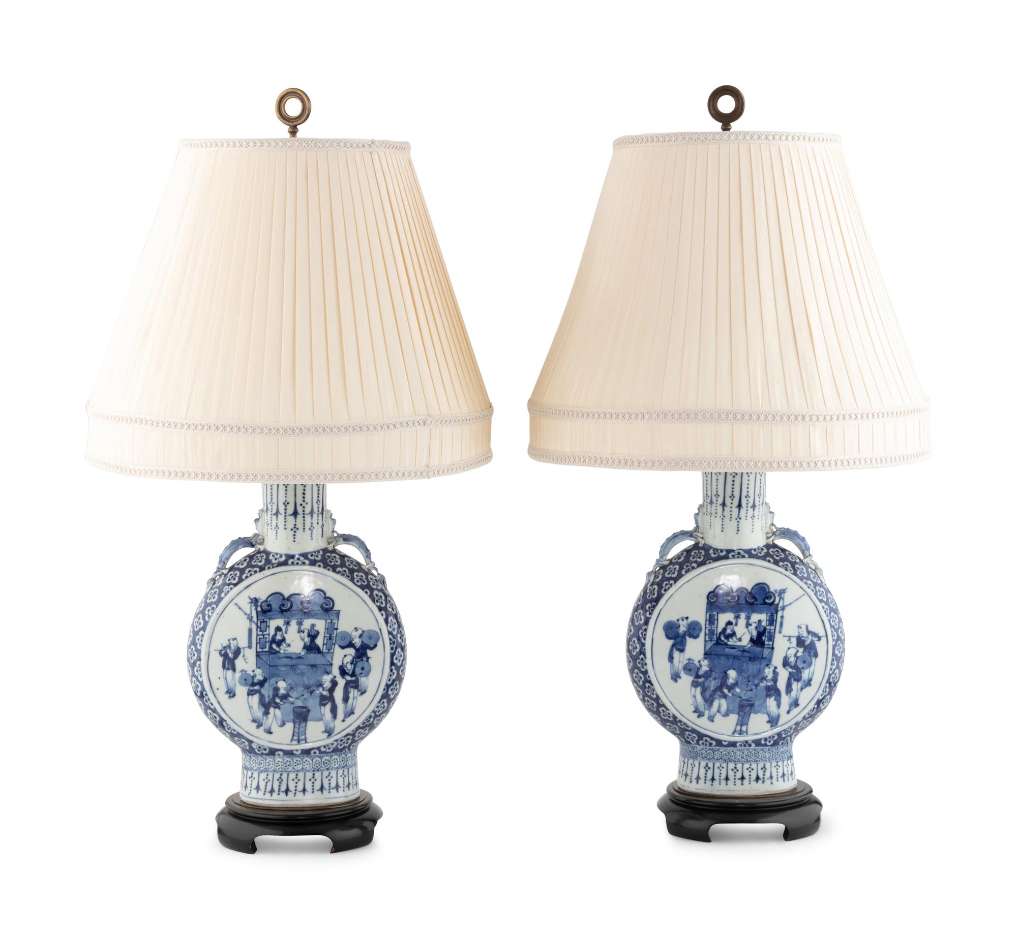 A Pair of Chinese Export Porcelain Moon Flasks Mounted as Lamps