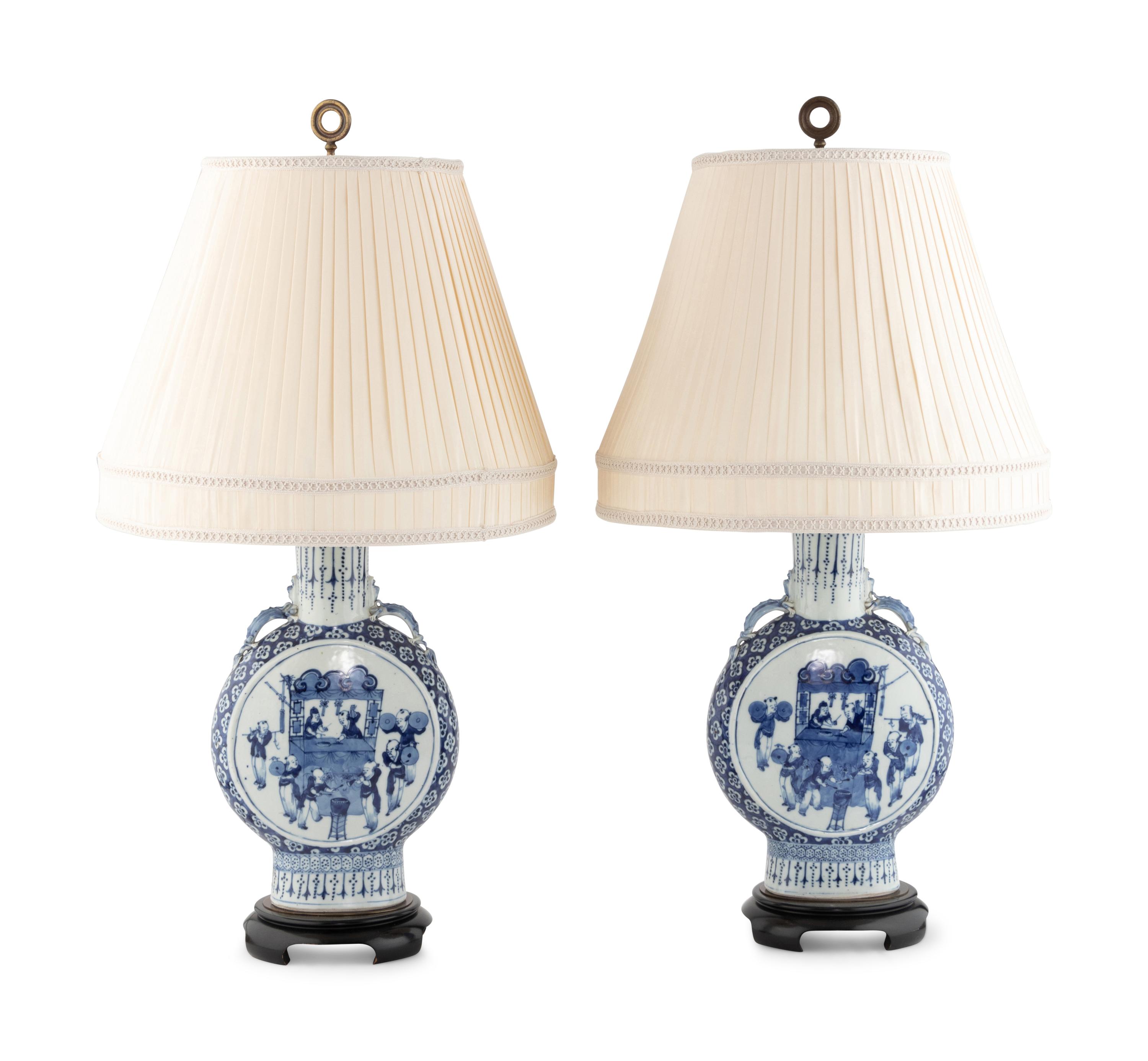 A Pair of Chinese Export Porcelain Moon Flasks Mounted as Lamps