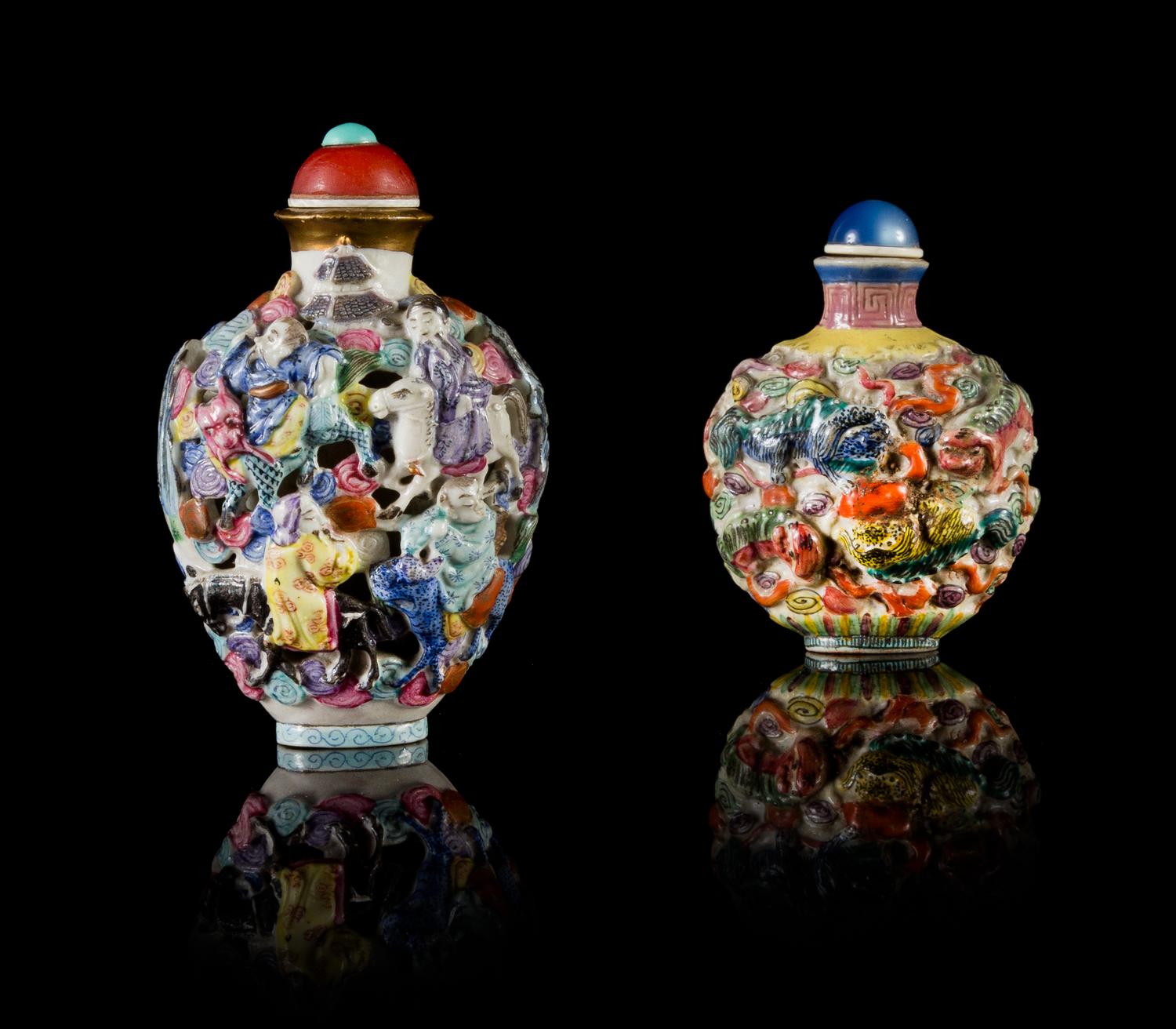 Two Famille Rose Molded Porcelain Snuff Bottles — 19TH CENTURY