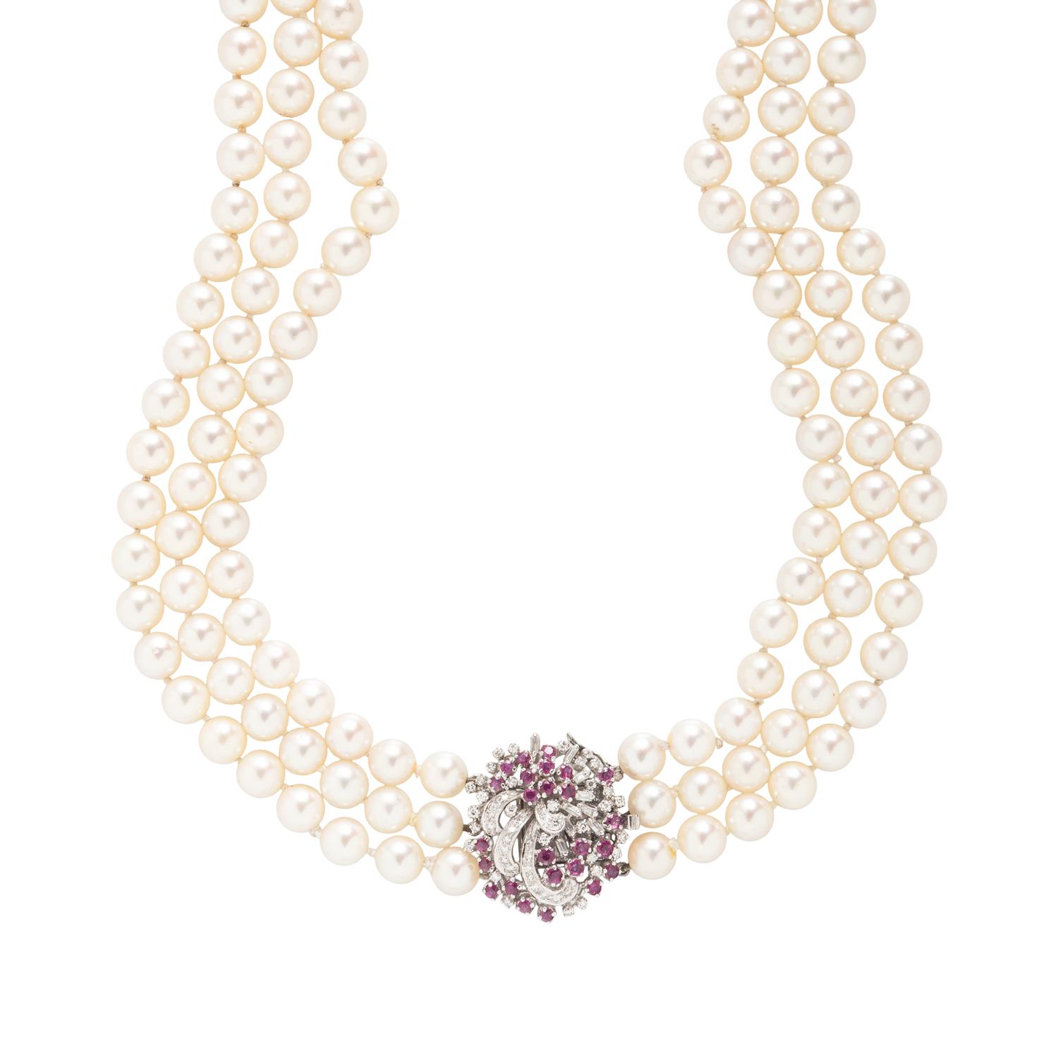 CULTURED PEARL, RUBY, DIAMOND, AND WHITE GOLD NECKLACE