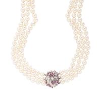 CULTURED PEARL, RUBY, DIAMOND, AND WHITE GOLD NECKLACE