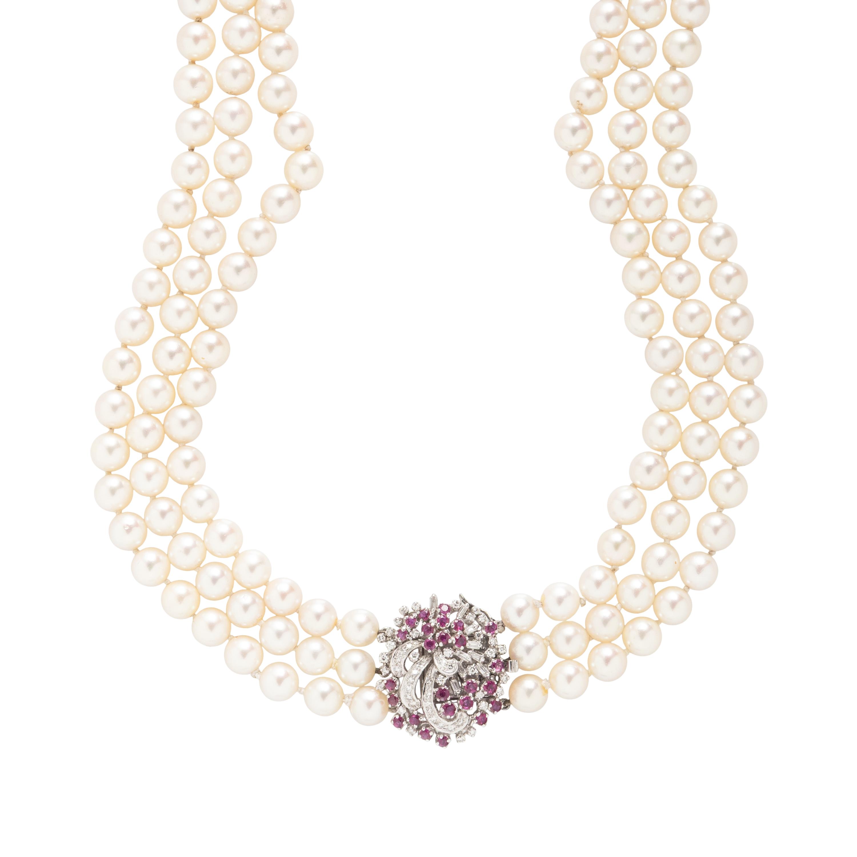 CULTURED PEARL, RUBY, DIAMOND, AND WHITE GOLD NECKLACE