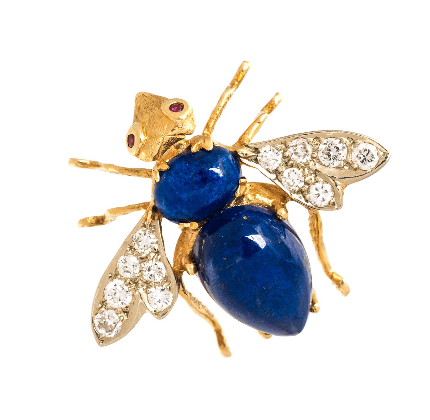An 18 Karat Yellow Gold, Lapis Lazuli, Diamond, and Ruby Bee Brooch, 5.50 dwts.