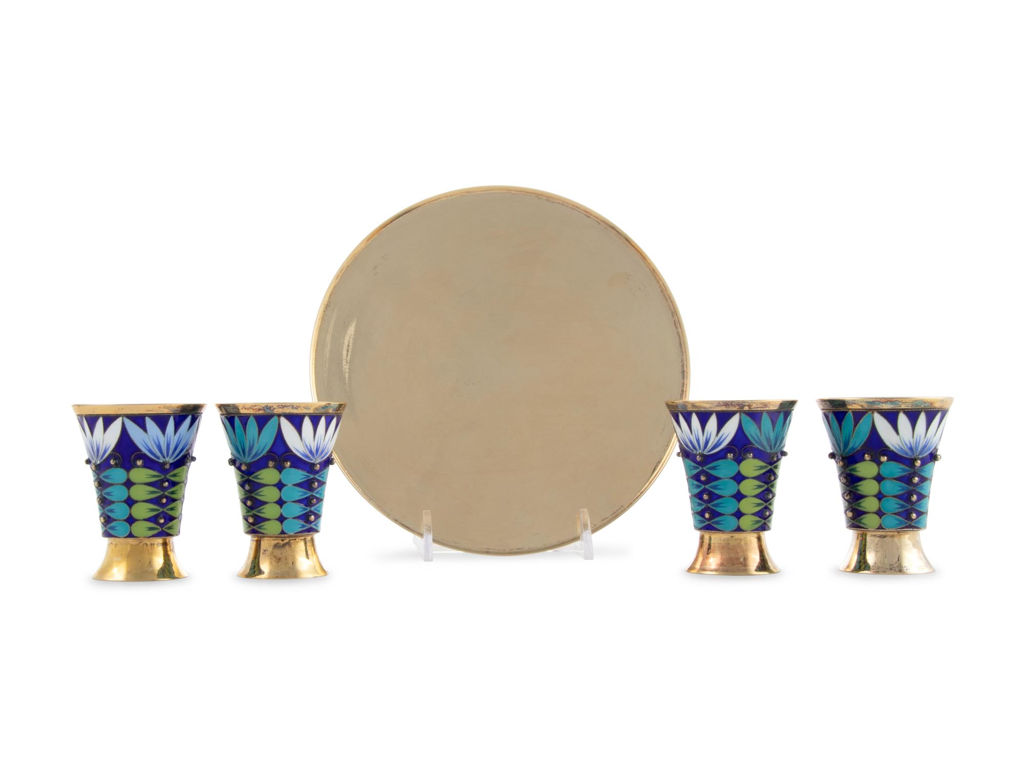 A Russian Enameled Silver Drinks Set