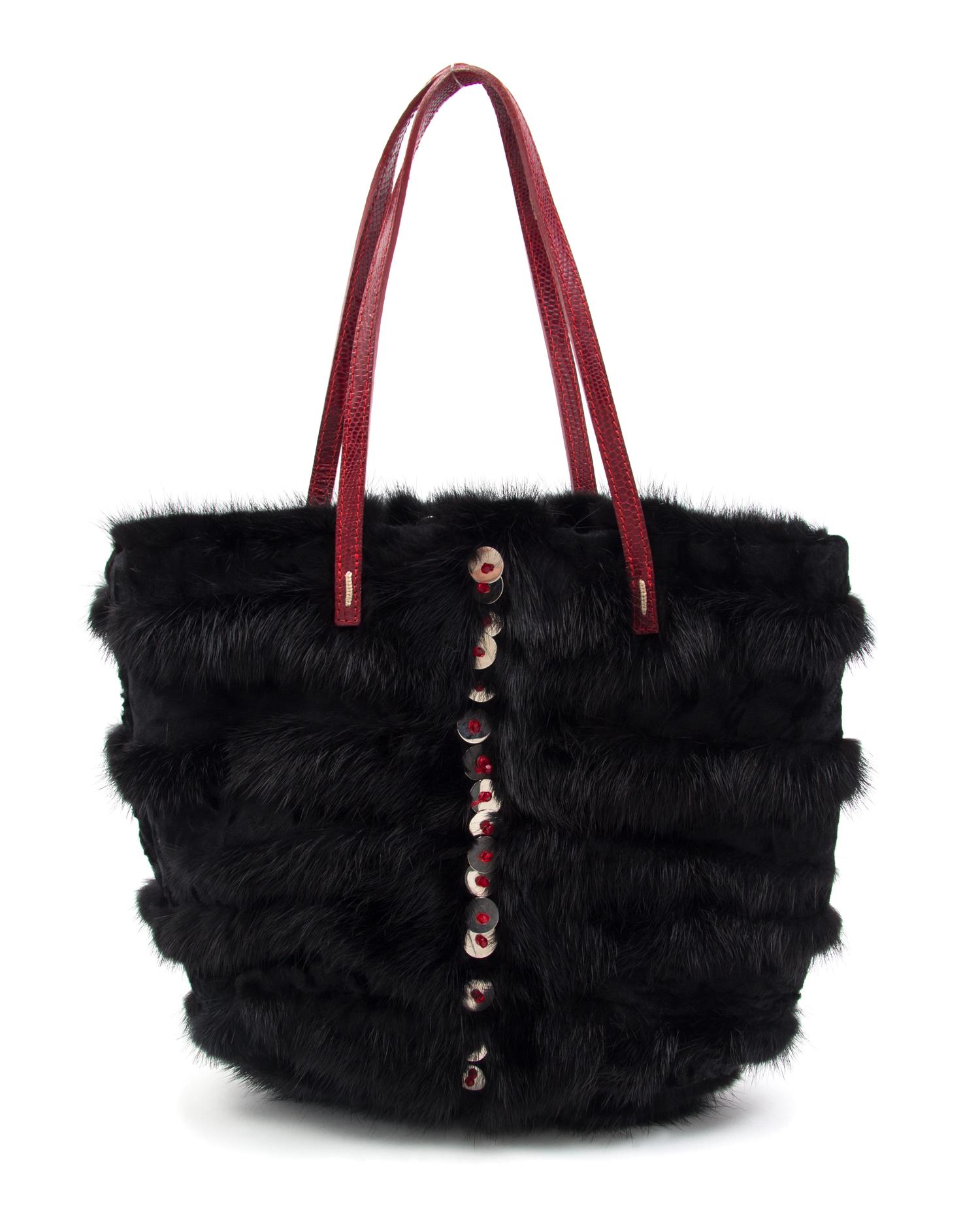 A Valentino Black Mink Handbag, 12.5" x 10" x 1".
