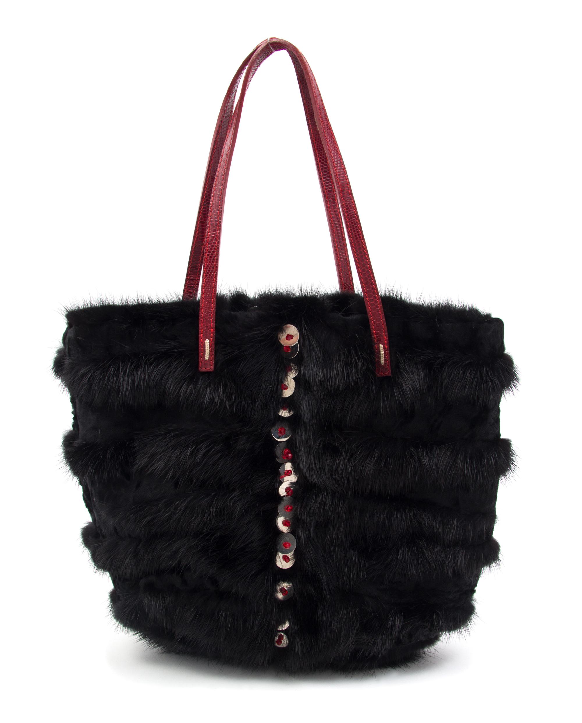 A Valentino Black Mink Handbag, 12.5" x 10" x 1".