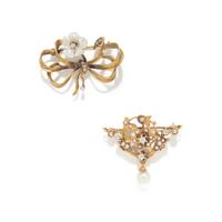 TWO CULTURED PEARL, DIAMOND, AND YELLOW GOLD BROOCHES