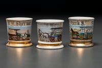 Three Porcelain Occupational Shaving Mugs Depicting Horse-Drawn Delivery Wagons