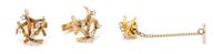 A Pair of 14 Karat Yellow Gold and Diamond Cufflinks and Tie Tac, 11.60 dwts.