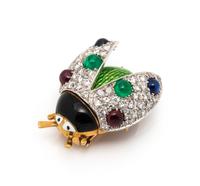 DIAMOND, MULTIGEM AND ENAMEL BEETLE BROOCH