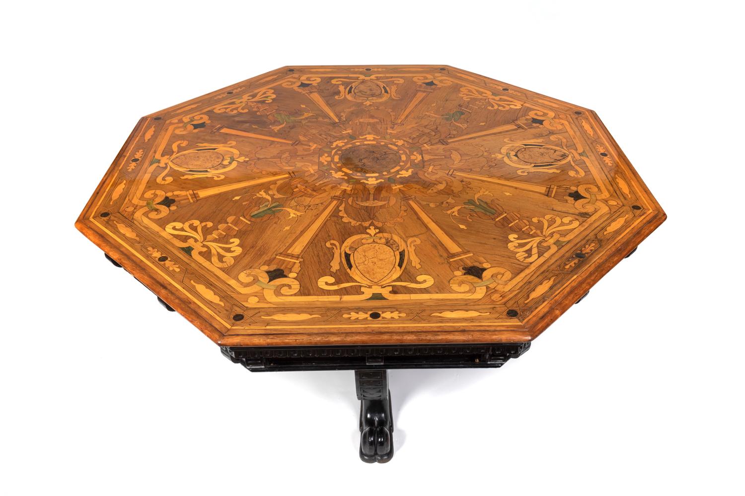 An Italian Marquetry Inlaid and Ebonized Octagonal Center Table — 19TH CENTURY