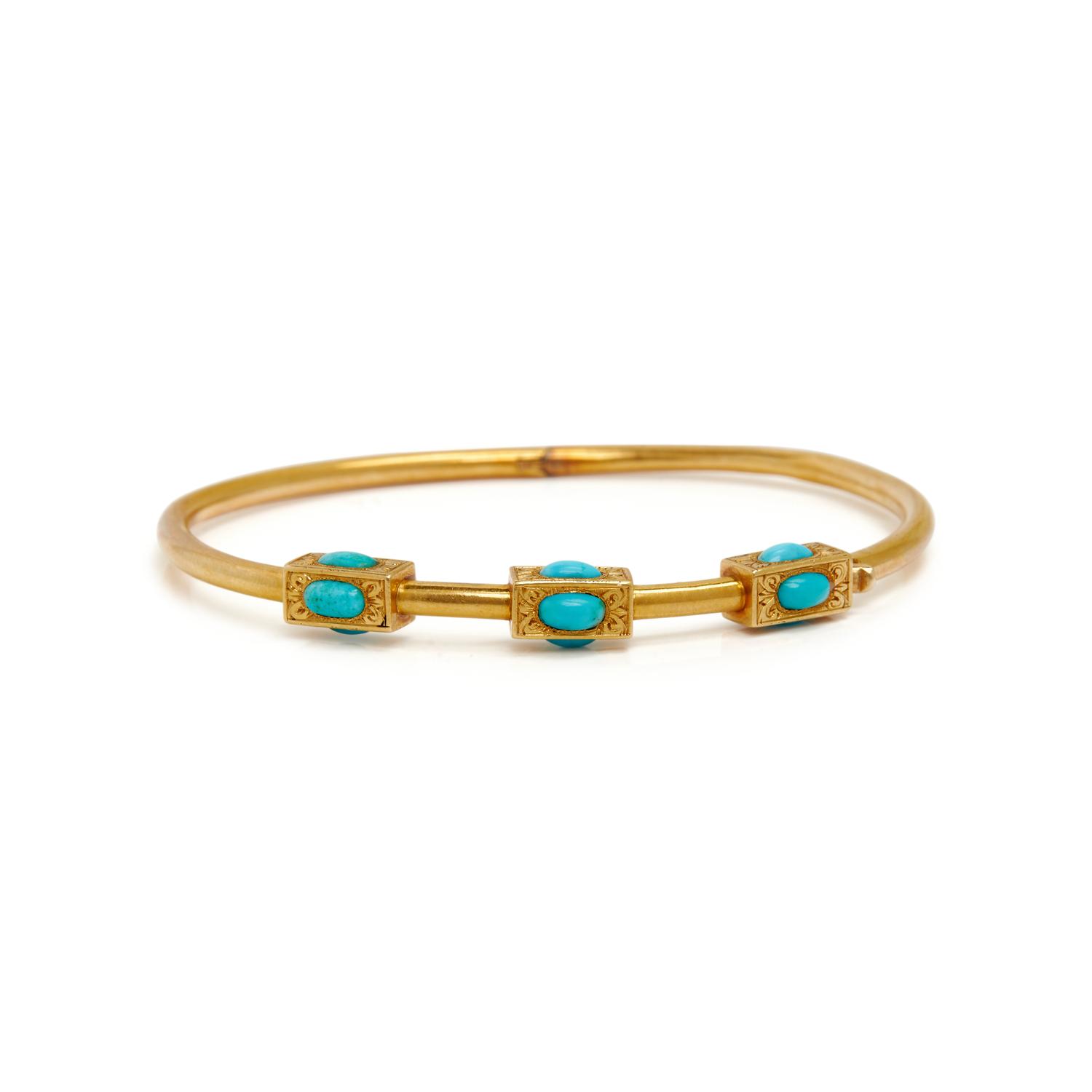 VICTORIAN, PAIR OF YELLOW GOLD AND TURQUOISE BANGLE BRACELETS