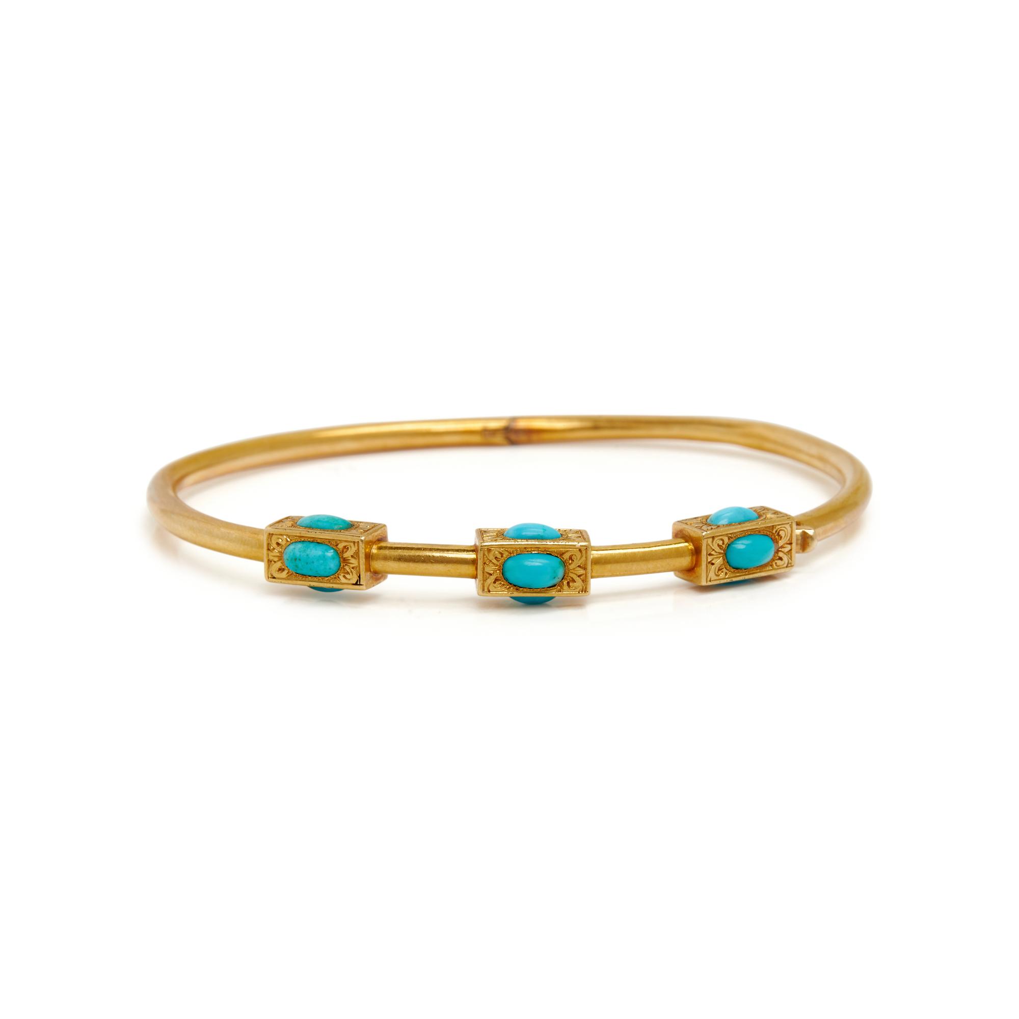 VICTORIAN, PAIR OF YELLOW GOLD AND TURQUOISE BANGLE BRACELETS