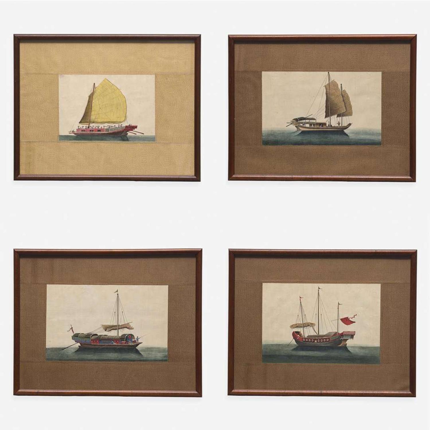 A Suite of Eight Chinese Export Paintings of Junks and Vessels 19th century