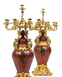 A Pair of Napoleon III Gilt Bronze Mounted Tole Nine-Light Candelabra Height 46 1/2 inches. — HENRI PICARD, 19TH CENTURY